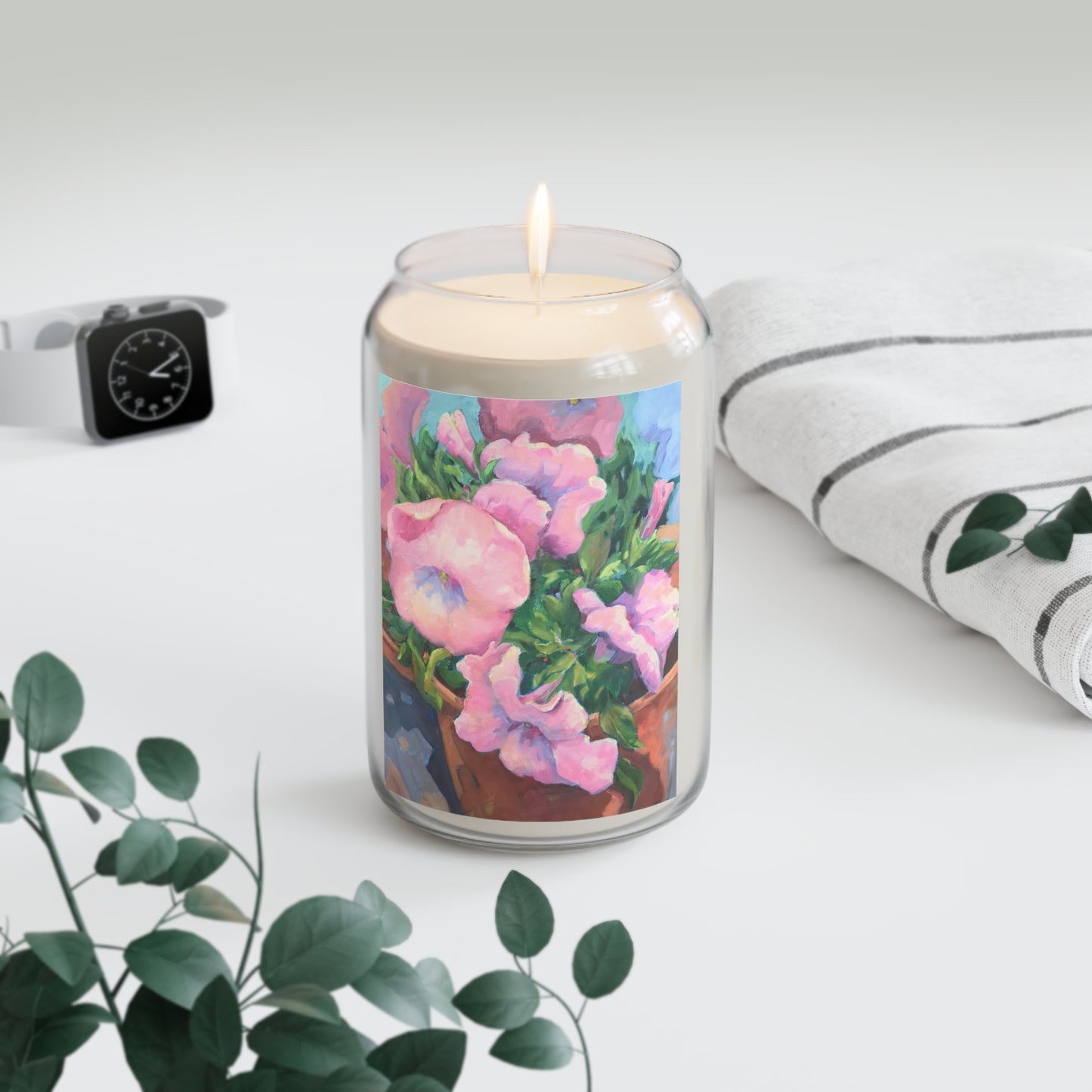 13.75oz Eco-Friendly Scented or Unscented Soy Wax Candle Jar with 'Pink Petals in Bloom' Artwork by American Artist Barbara Cleary