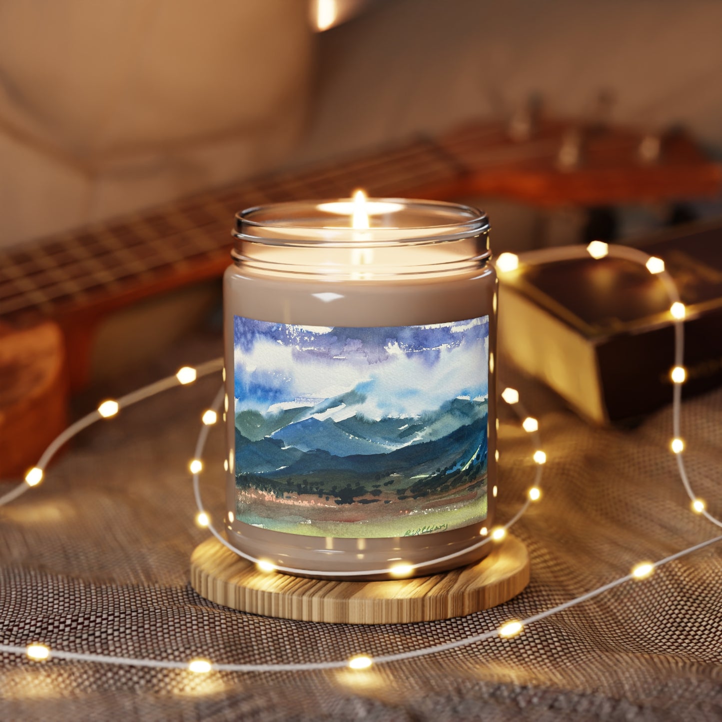 9oz Eco-Friendly Scented or Unscented Soy Wax Candle Jar with 'Tranquil Mountain View 3' Artwork by American Artist Barbara Cleary