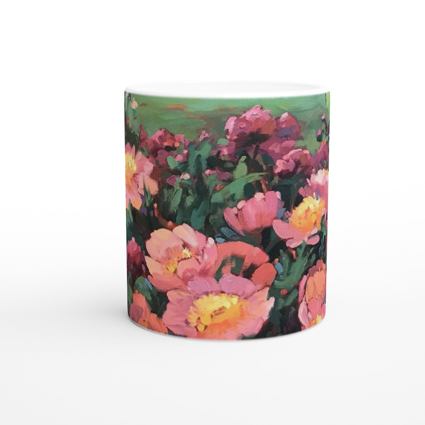 11oz White Ceramic Mug | Coffee Cup with 'Pink Princess' Floral Artwork by American Artist Barbara Cleary