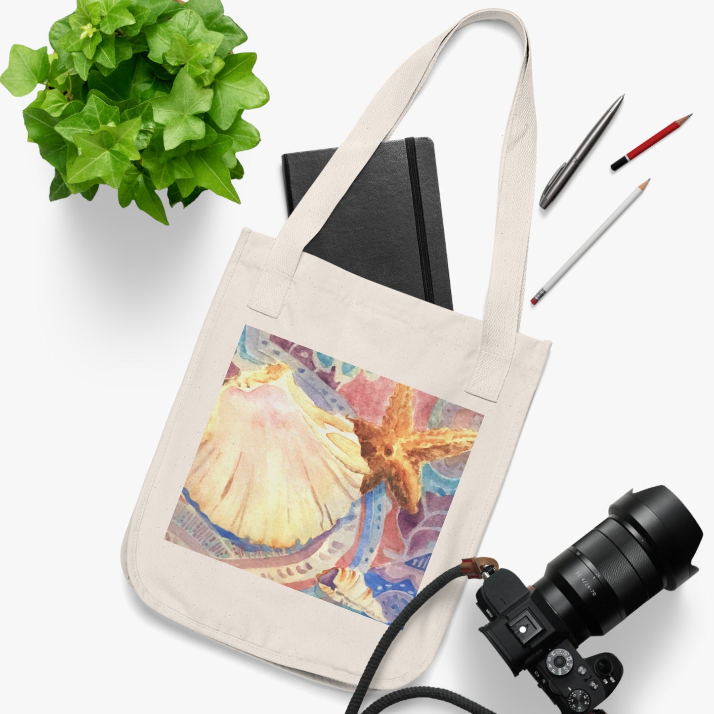 Organic Canvas Tote Bag with 'Treasure of the Tide' Coastal Watercolor I Original Artwork by American Artist Barbara Cleary