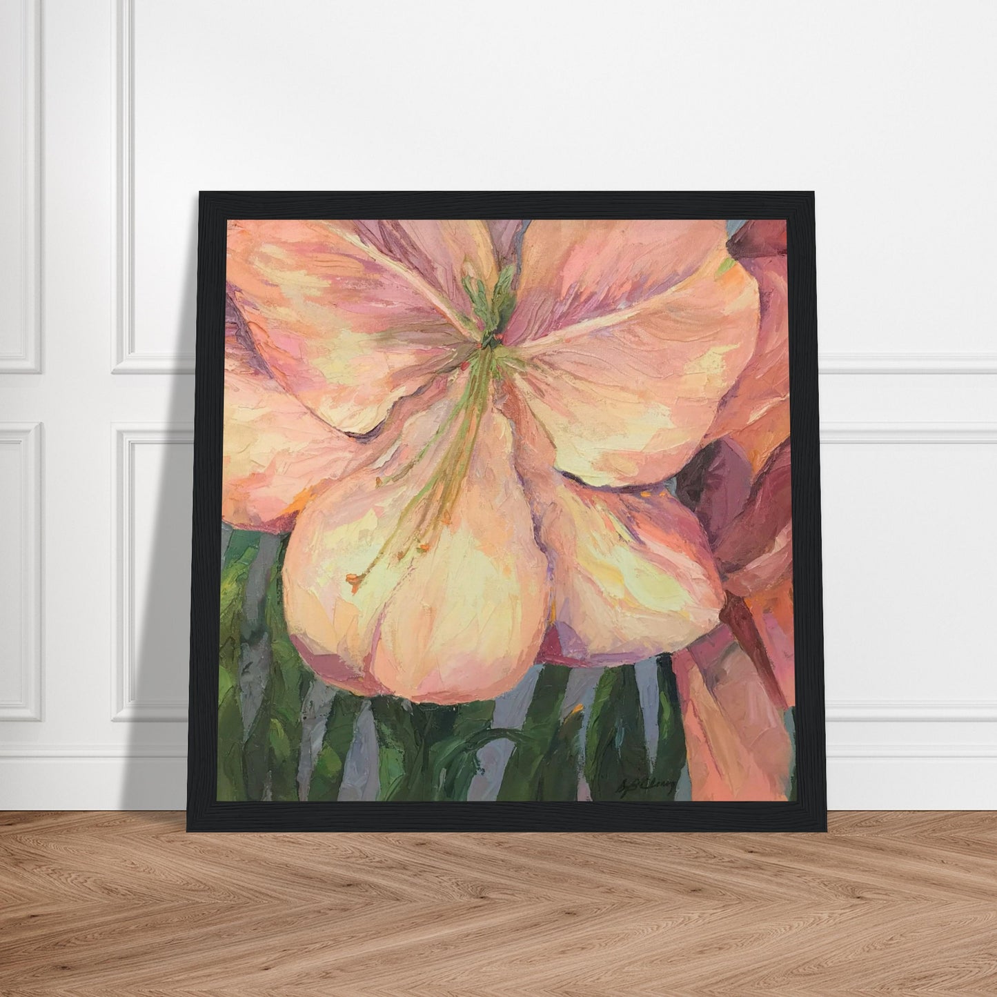 'Pink Amaryllis' Floral | 12x12 inch Wooden Framed Art Print | Original Artwork by American Artist Barbara Cleary
