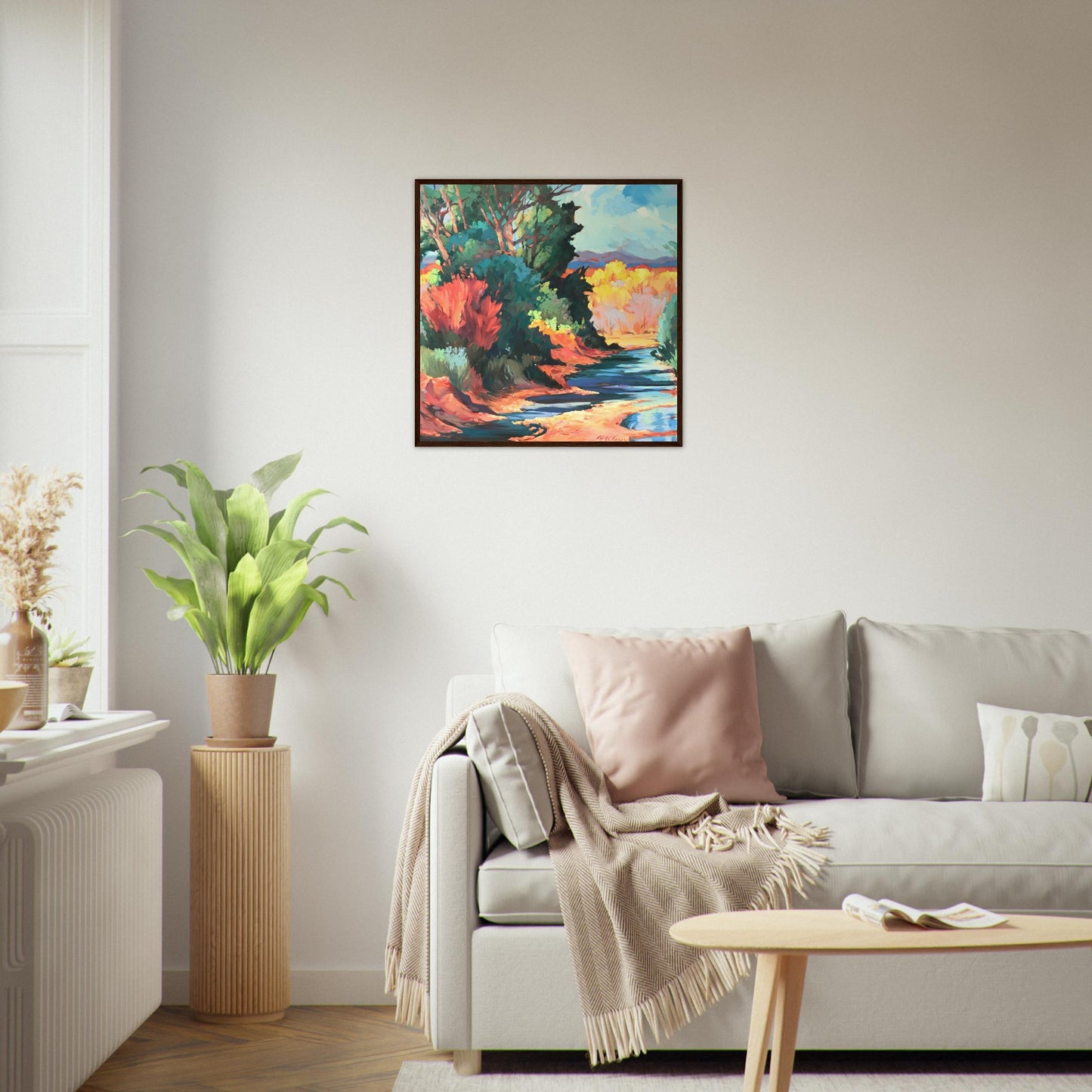 ‘Rio Pueblo’ Landscape | 28x28 Wooden Framed Art Print | Original Artwork by American Artist Barbara Cleary