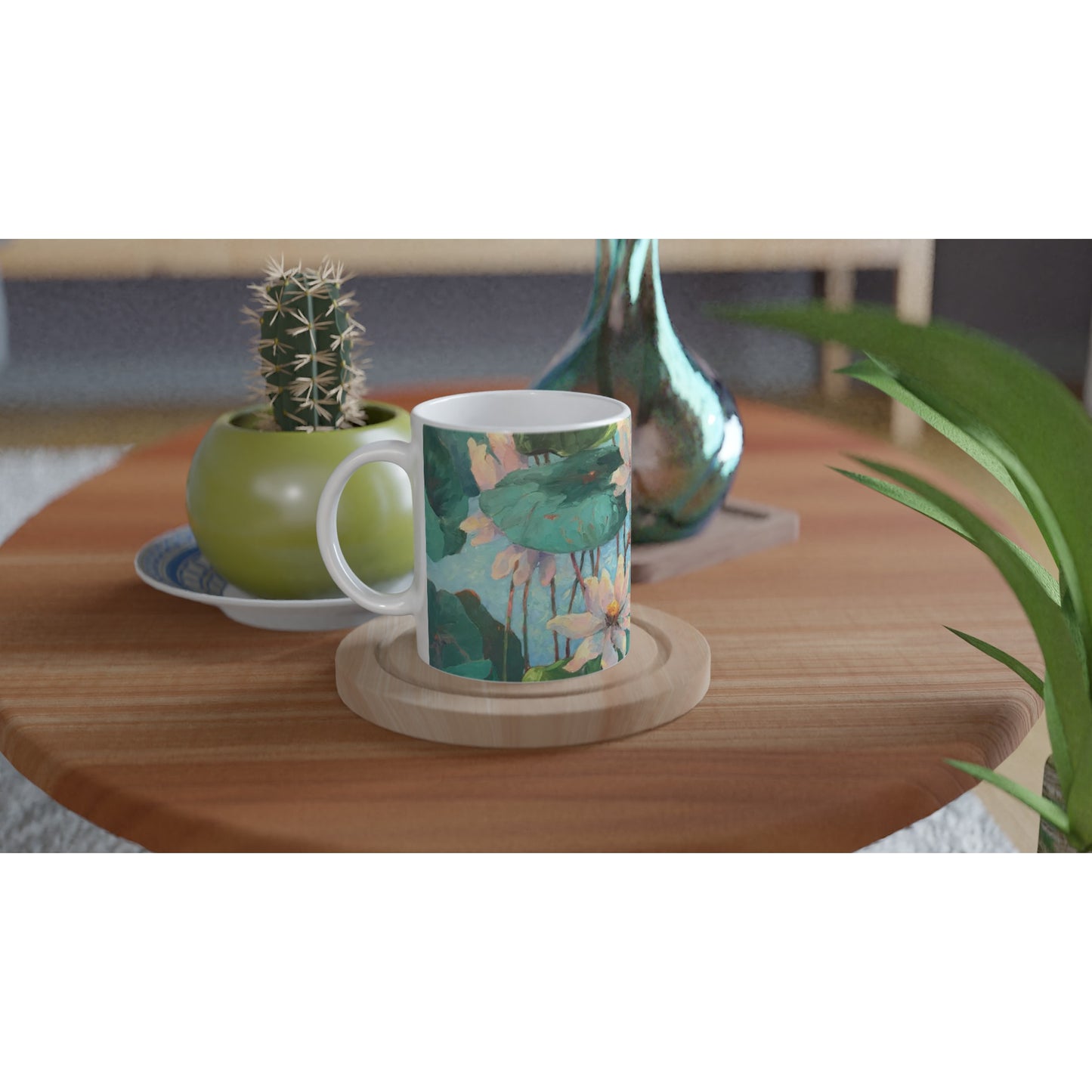 11oz White Ceramic Mug | Coffee Cup with 'Lily Pads' Floral Artwork by American Artist Barbara Cleary