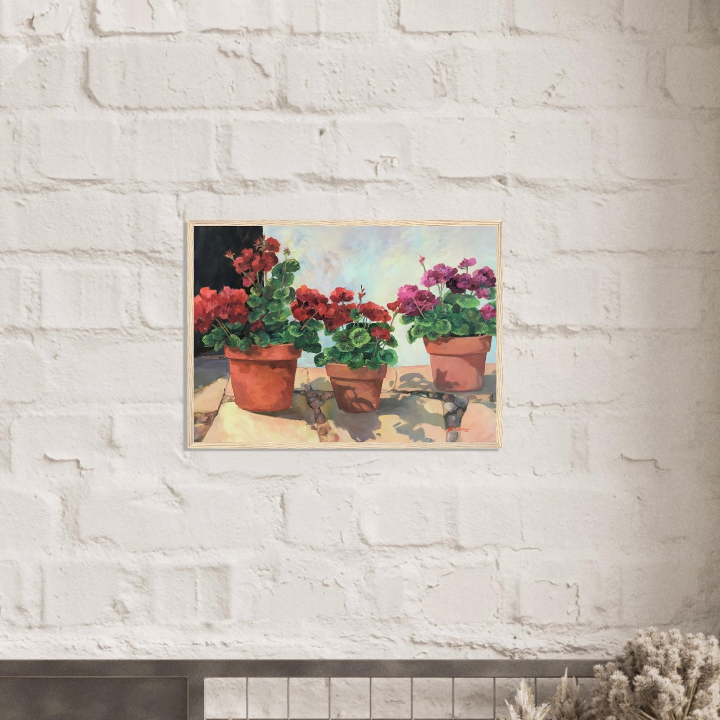 'Potted Red Geraniums Series 1' Red and Pink Floral | 20x28 inch Wooden Framed Art Print | Original Artwork by American Artist Barbara Cleary