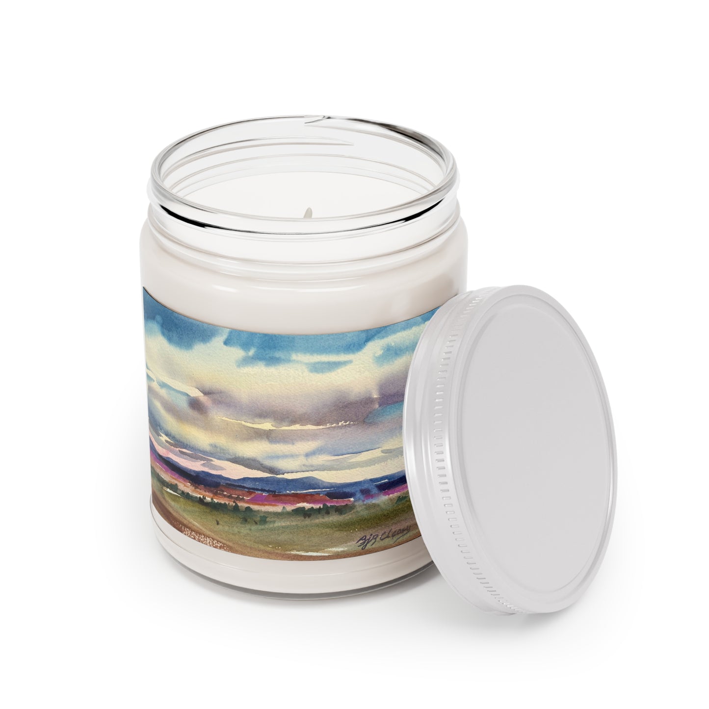 9oz Eco-Friendly Scented or Unscented Soy Wax Candle Jar with 'Tranquil Mountain View 1' Artwork by American Artist Barbara Cleary