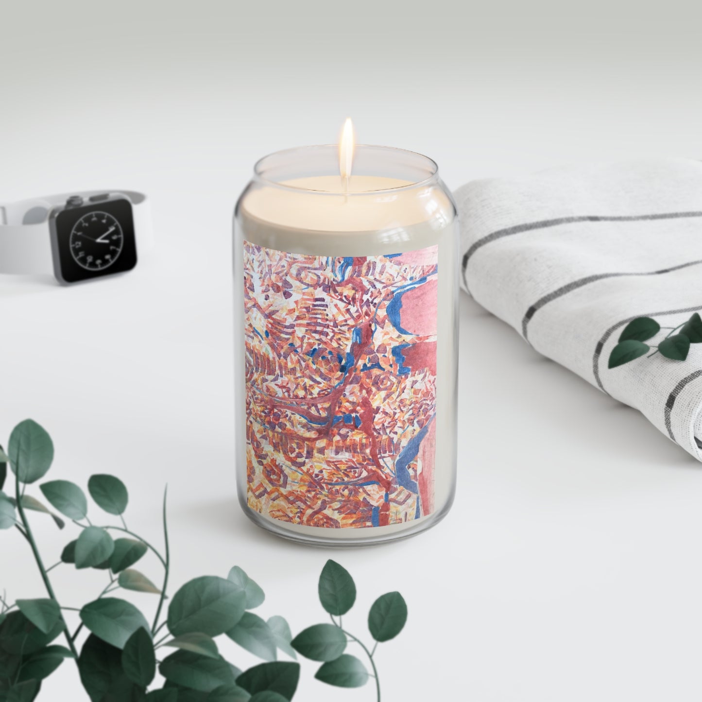13.75oz Eco-Friendly Scented or Unscented Soy Wax Candle Jar with 'Abstract Fusion' Abstract Artwork by American Artist Barbara Cleary