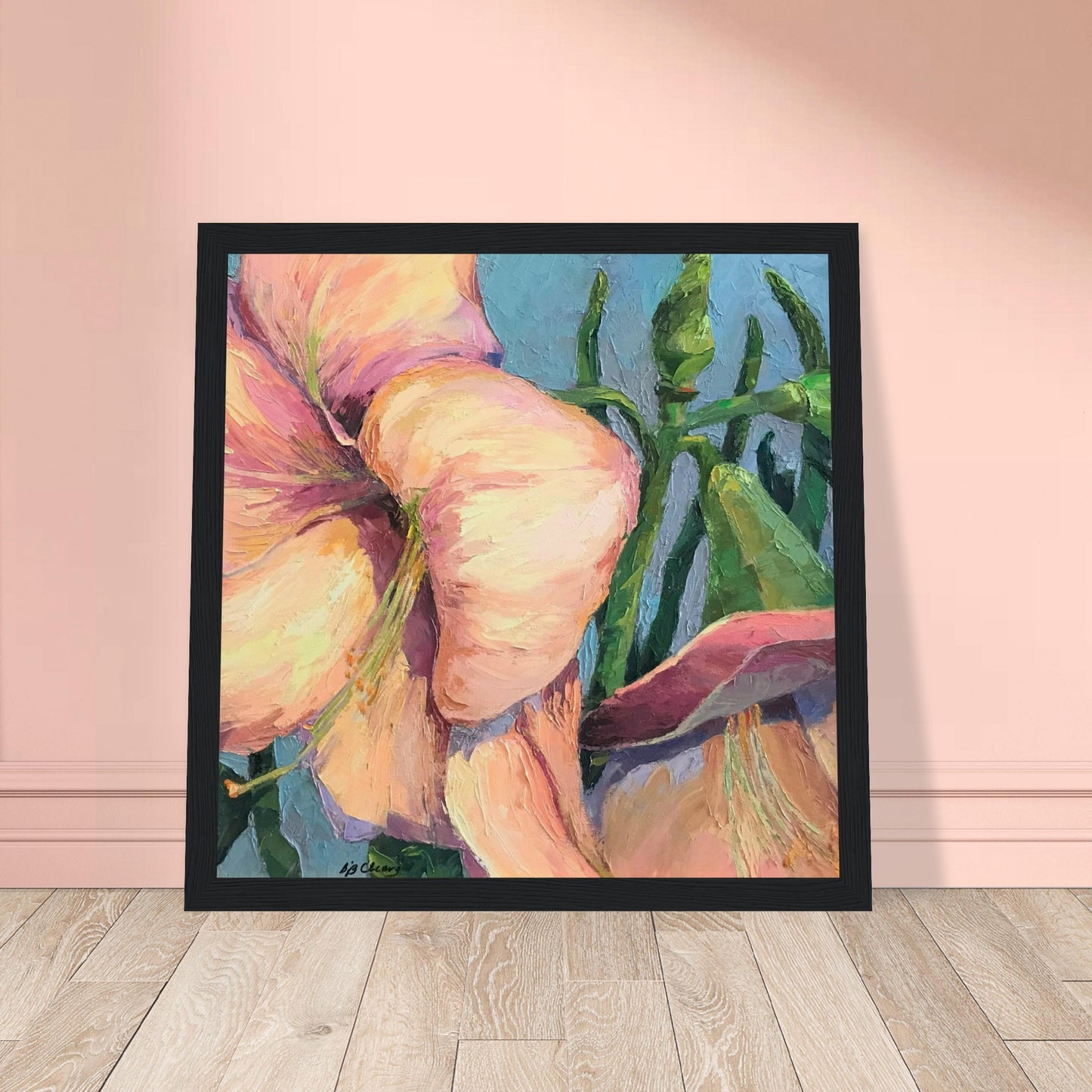 'Pink Amaryllis 2' Floral | 12x12 inch Wooden Framed Art Print | Original Artwork by American Artist Barbara Cleary