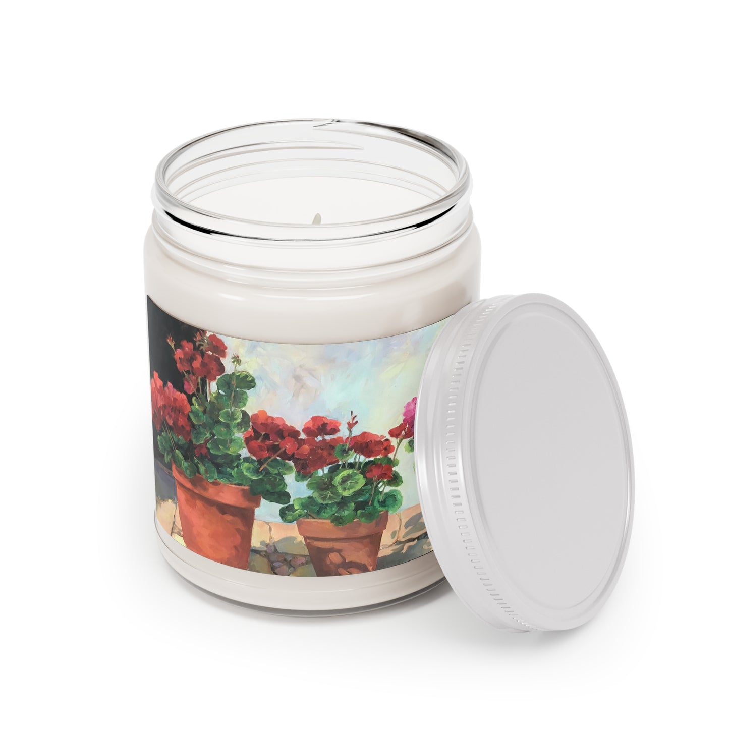 9oz Eco-Friendly Scented or Unscented Soy Wax Candle Jar with 'Potted Red Geraniums Series 1' Floral Artwork by American Artist Barbara Cleary