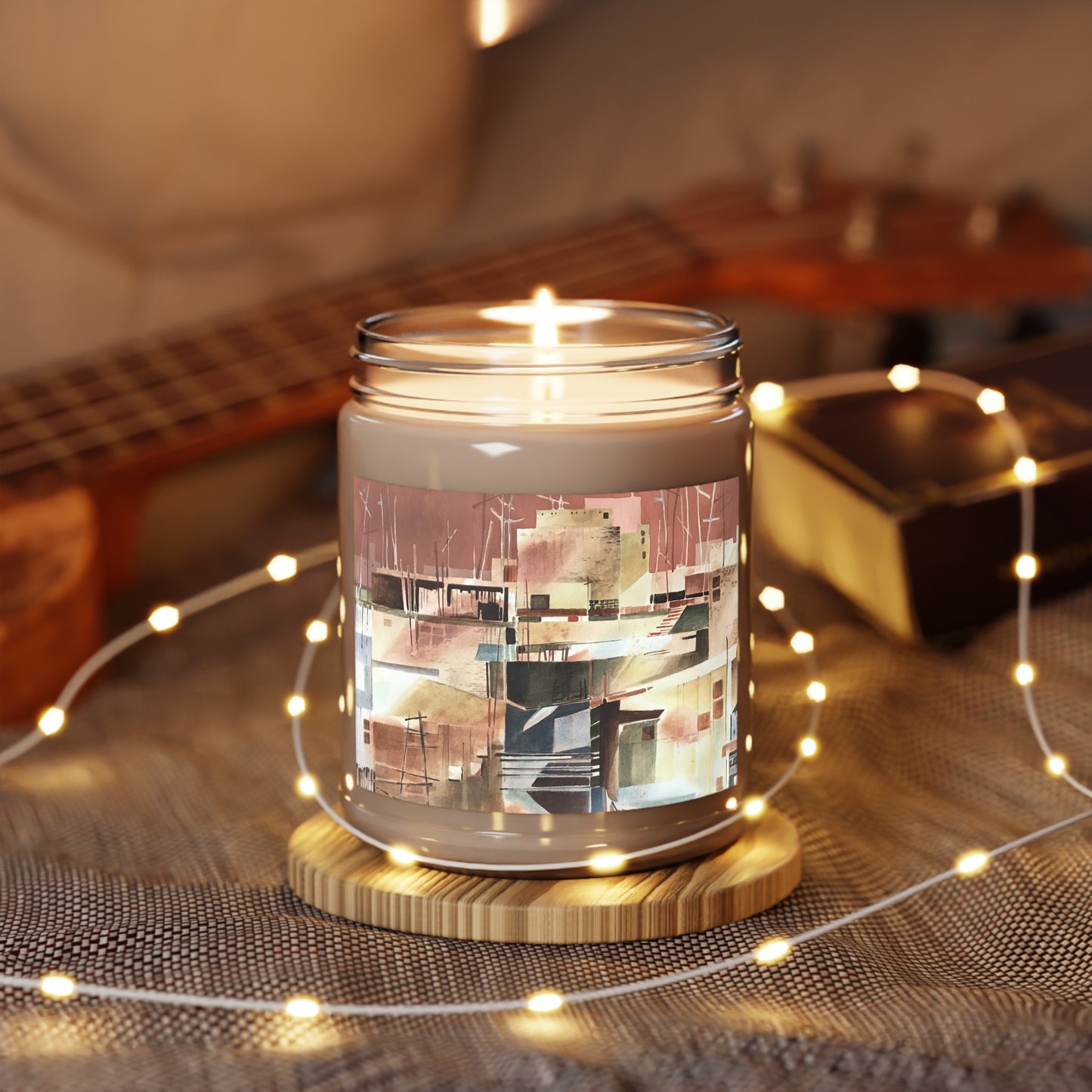 9oz Eco-Friendly Scented or Unscented Soy Wax Candle Jar with 'Abstract Pueblo' Abstract Artwork by American Artist Barbara Cleary