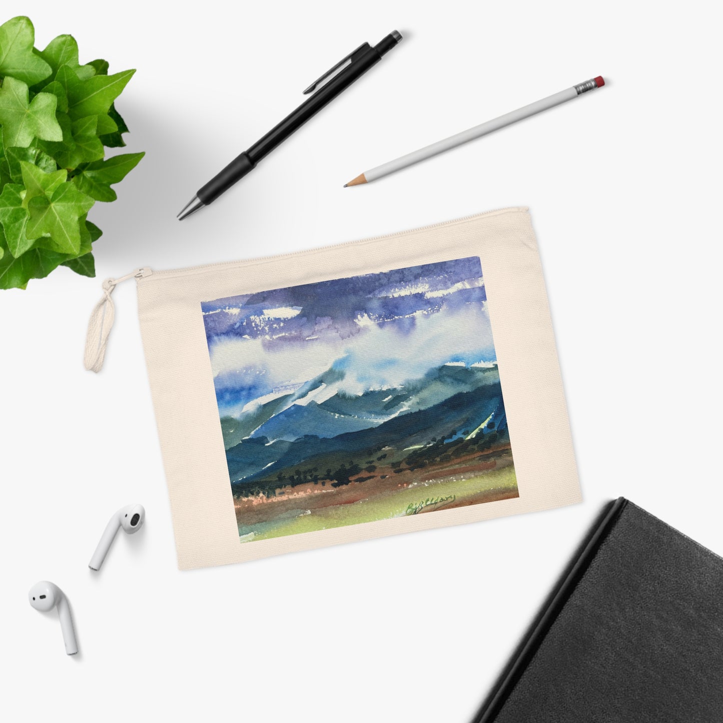 Eco-Friendly Pouch with 'Tranquil Mountain View 3' I Original Artwork by American Artist Barbara Cleary
