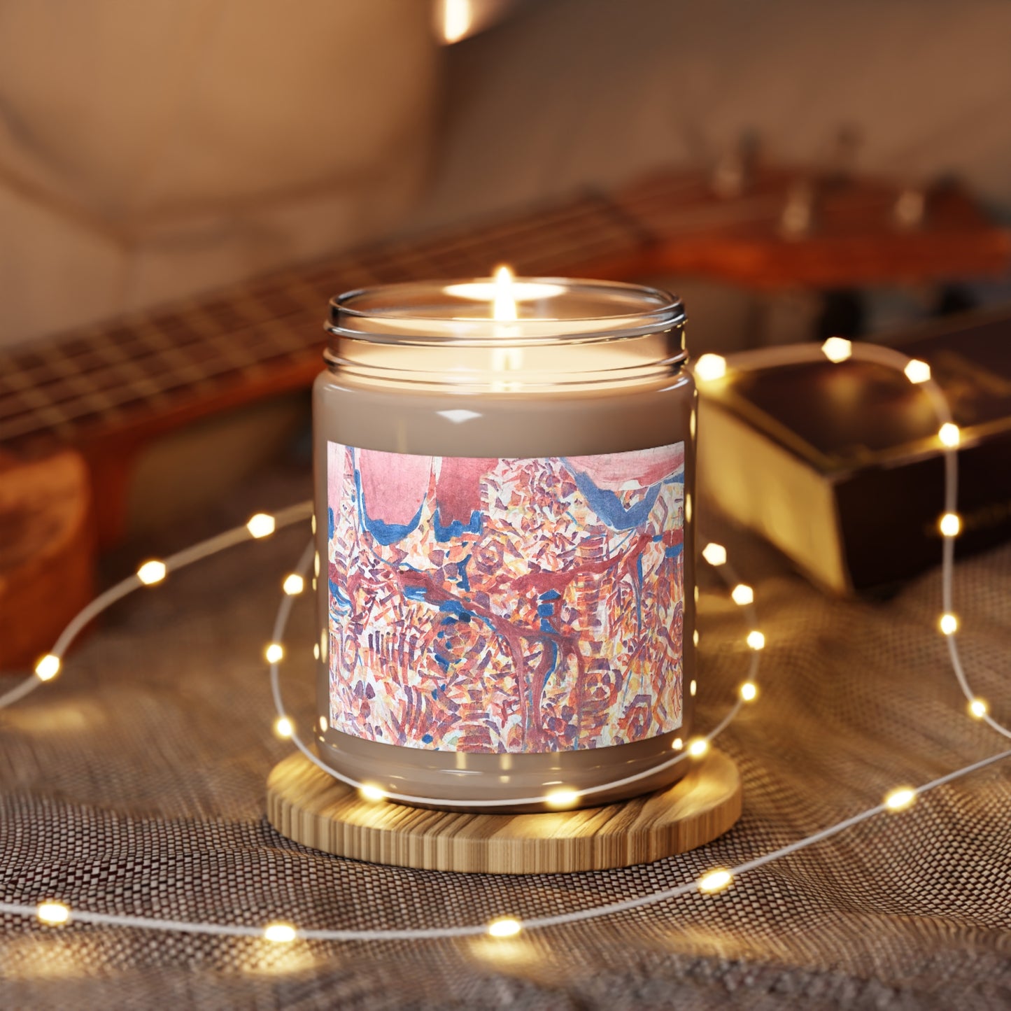 9oz Eco-Friendly Scented or Unscented Soy Wax Candle Jar with 'Abstract Fusion' Abstract Artwork by American Artist Barbara Cleary