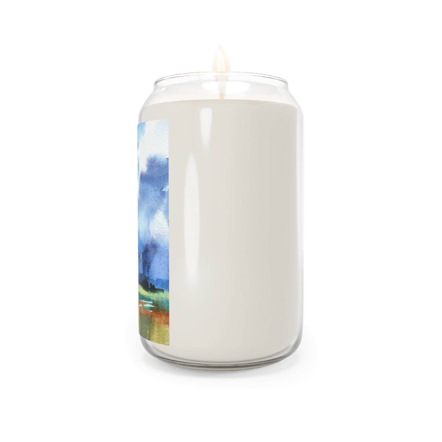 13.75oz Eco-Friendly Scented or Unscented Soy Wax Candle Jar with 'Tranquil Mountain View 4' Landscape Watercolor Artwork by American Artist Barbara Cleary