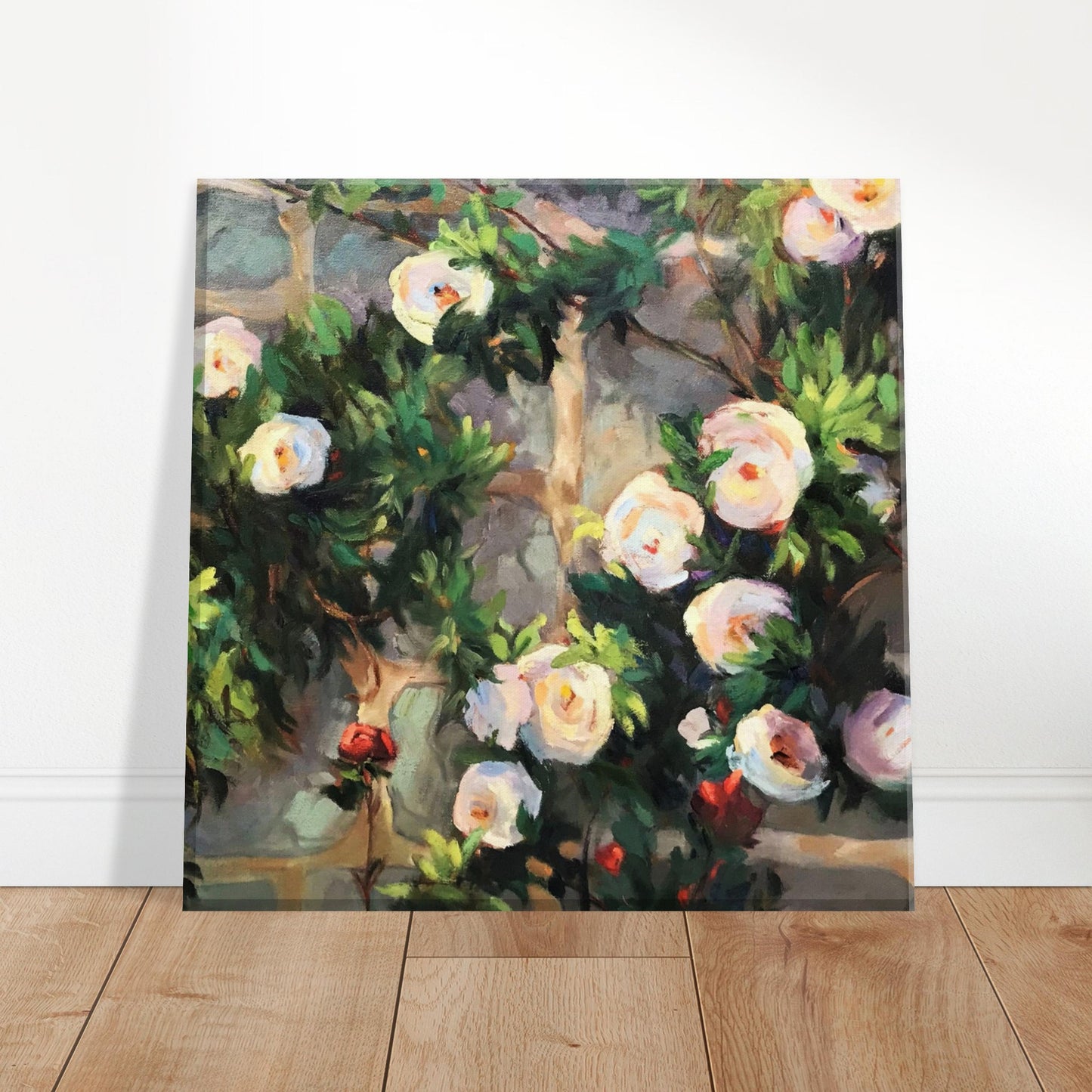'Vining White Roses' Floral I 8x8 inch Art Print on Canvas I Original Artwork by American Artist Barbara Cleary