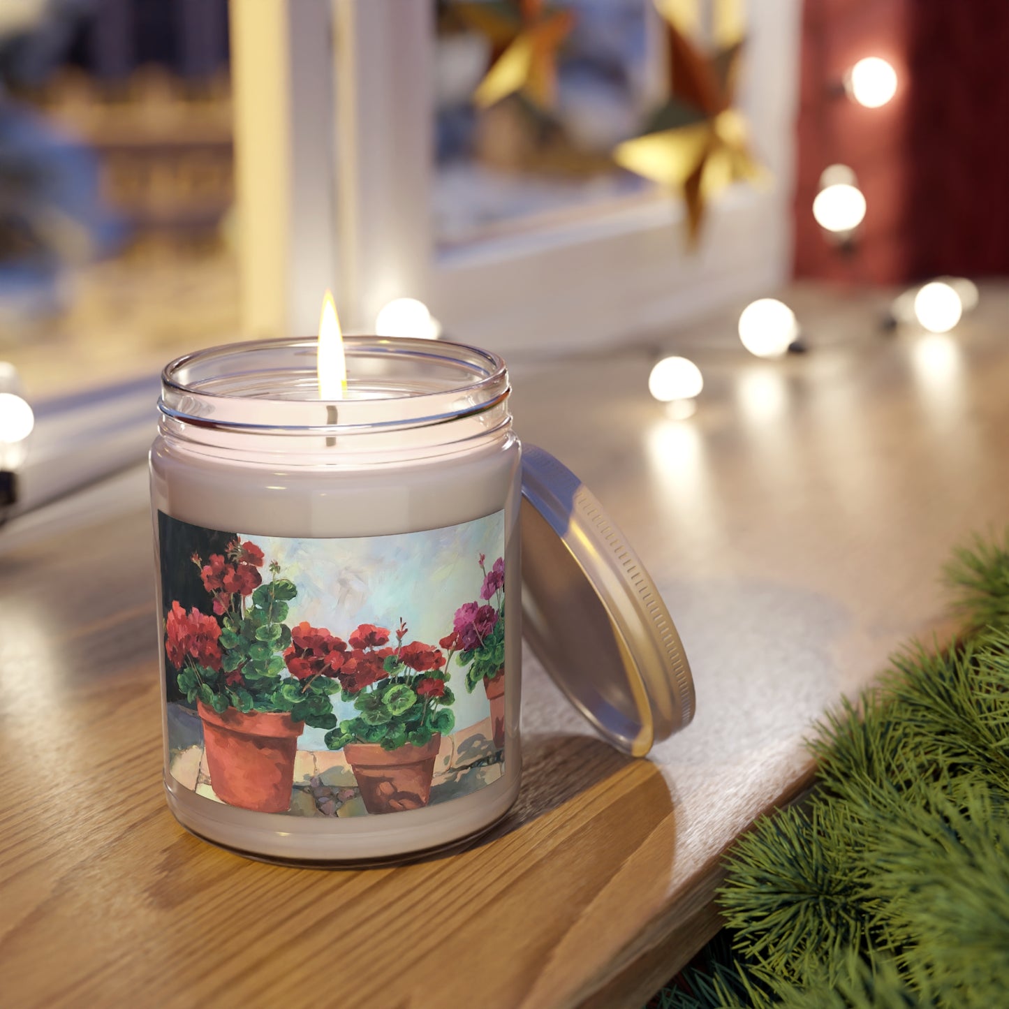 9oz Eco-Friendly Scented or Unscented Soy Wax Candle Jar with 'Potted Red Geraniums Series 1' Floral Artwork by American Artist Barbara Cleary