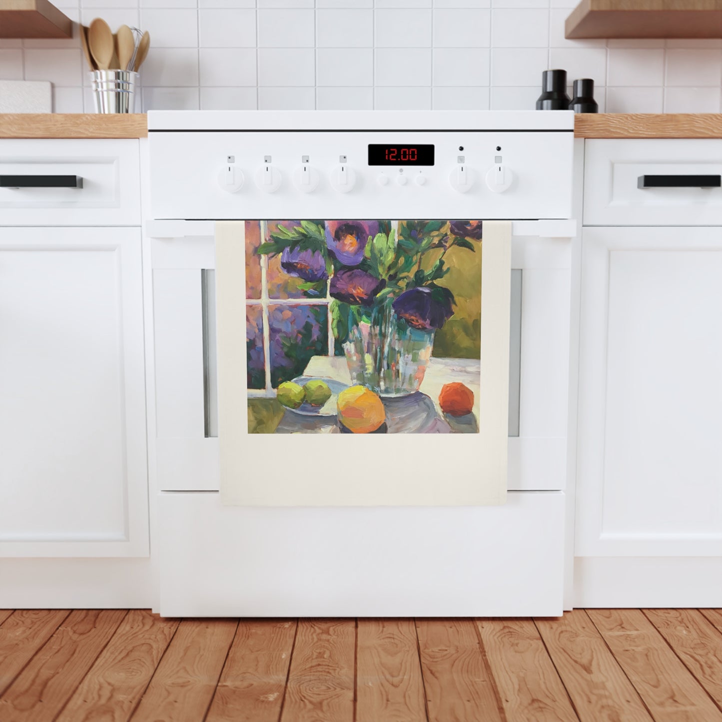 'Purple Flowers' Floral Cotton Tea Towel I Original Artwork by American Artist Barbara Cleary | Barbara Cleary Designs