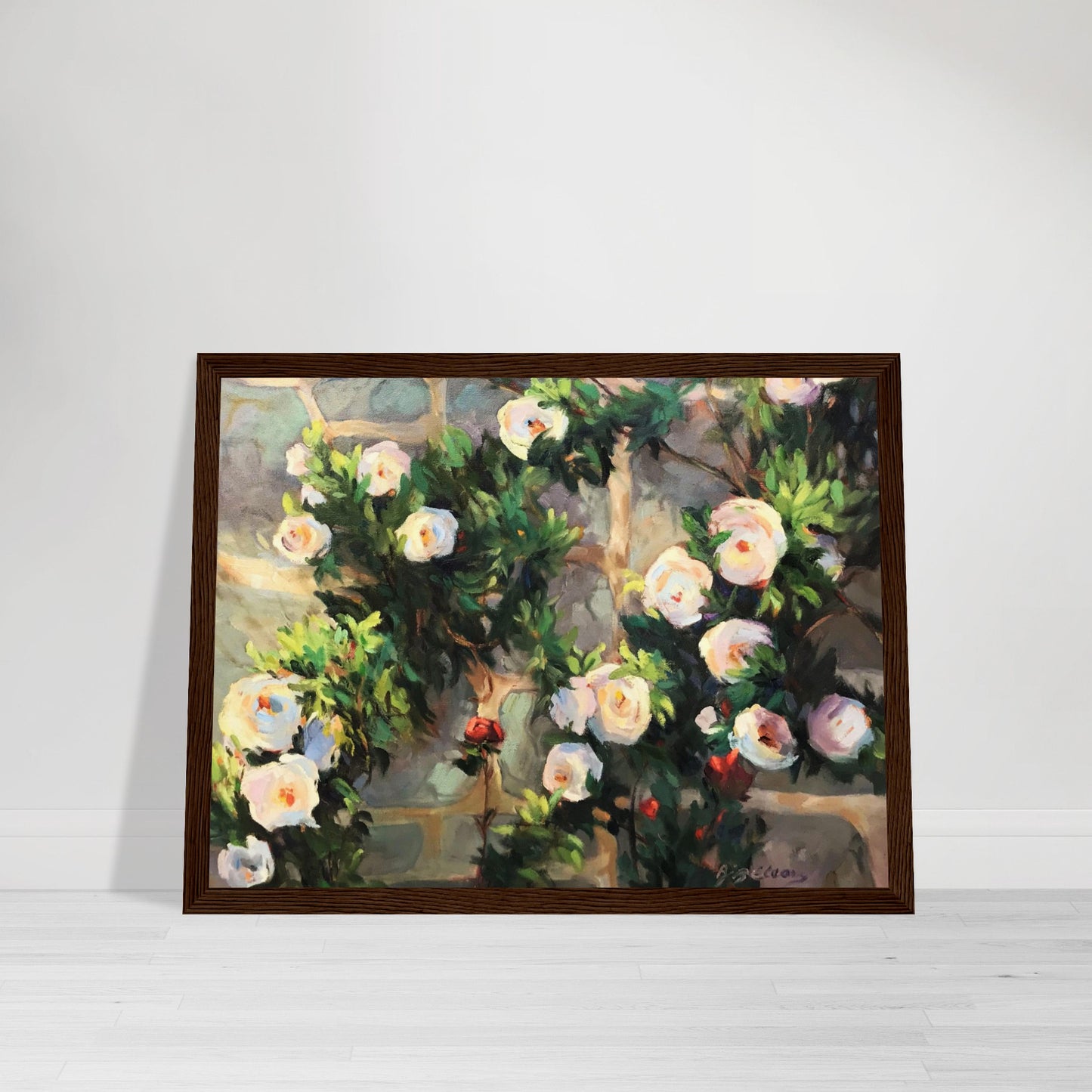 ‘Vining White Roses’ Floral | 12x16 inch Wooden Framed Art Print | Original Artwork by American Artist Barbara Cleary