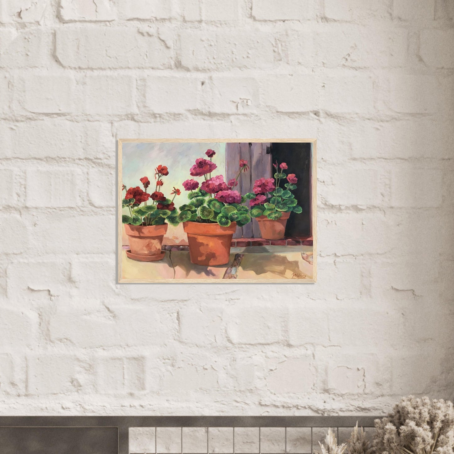 'Potted Red Geraniums Series 2'Red and Pink Floral | 20x28 inch Wooden Framed Art Print | Original Artwork by American Artist Barbara Cleary