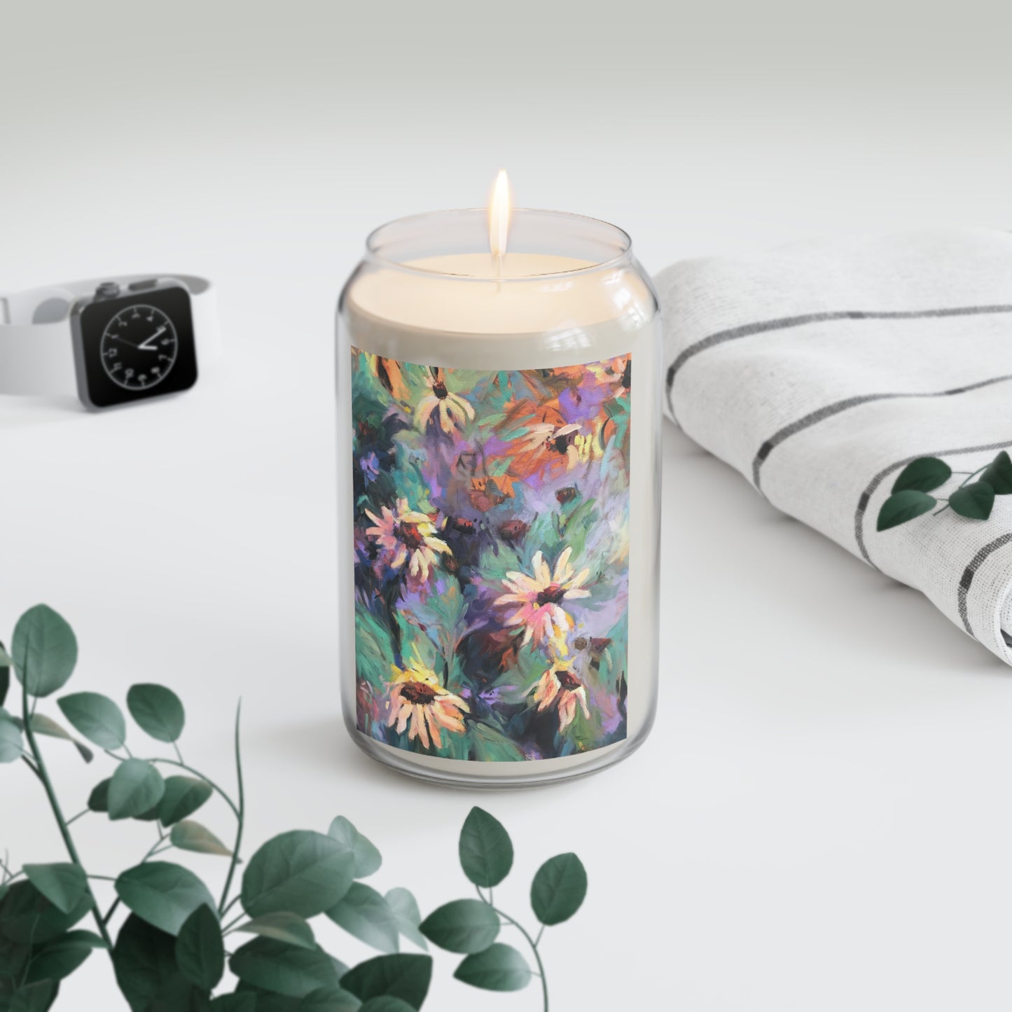 13.75oz Eco-Friendly Scented or Unscented Soy Wax Candle Jar with 'Eastern Light Wildflowers' Floral Artwork by American Artist Barbara Cleary
