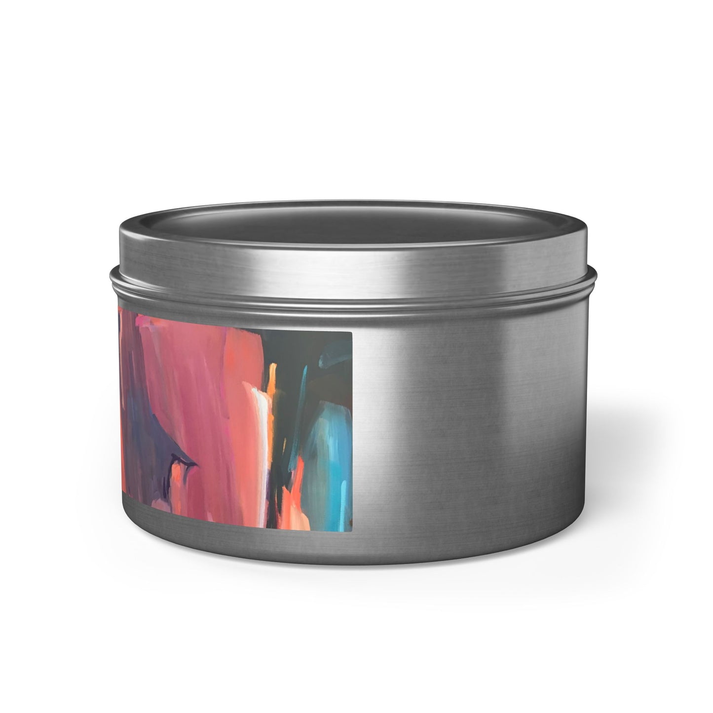 8oz Eco-Friendly Scented or Unscented Soy Wax Tin Candle with 'Colorscape' Abstract Artwork by American Artist Barbara Cleary