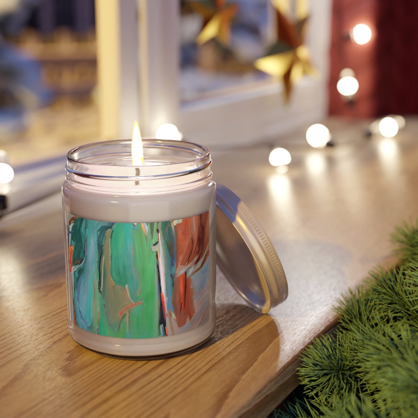 9oz Eco-Friendly Scented or Unscented Soy Wax Candle Jar with 'Colorscape 2' Abstract Artwork by American Artist Barbara Cleary