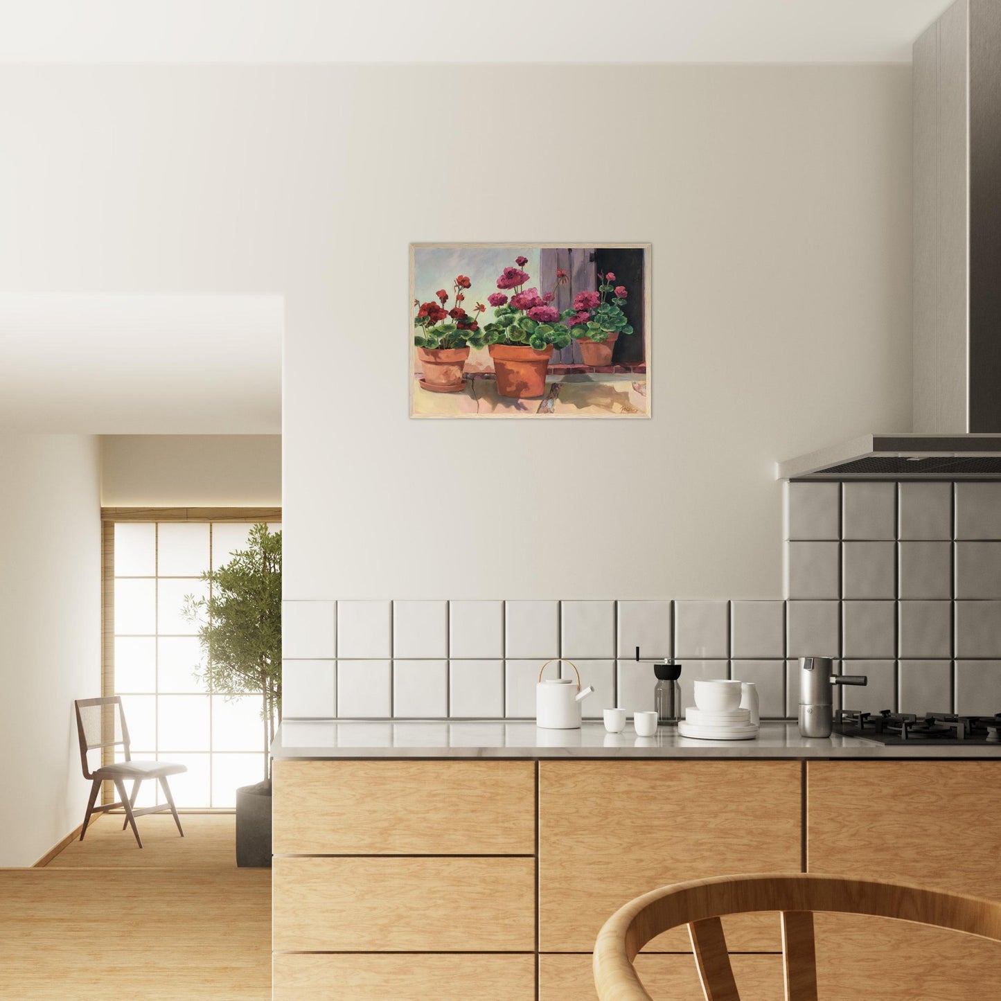 'Potted Red Geraniums Series 2'Red and Pink Floral | 20x28 inch Wooden Framed Art Print | Original Artwork by American Artist Barbara Cleary