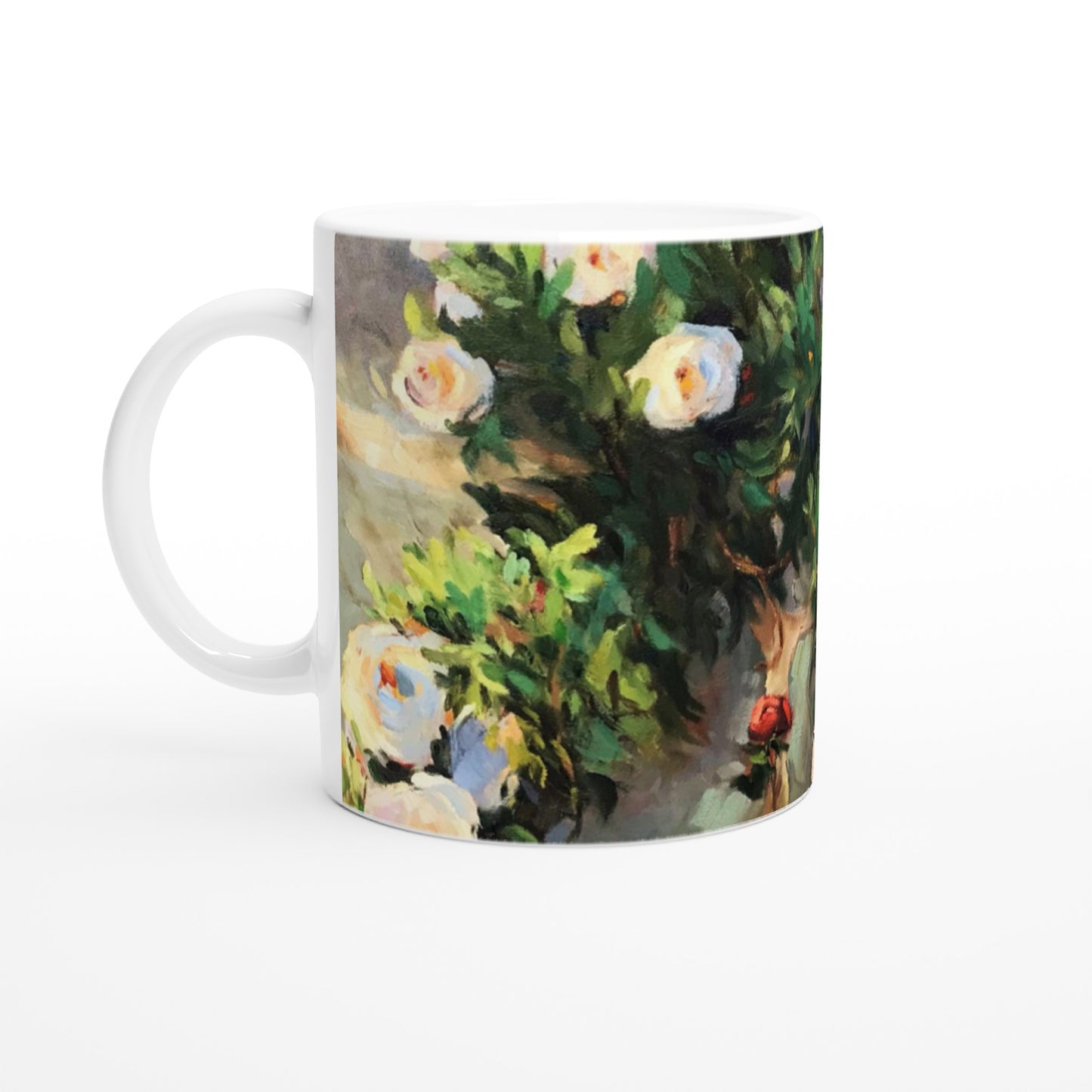 11oz White Ceramic Mug | Coffee Cup with 'Vining White Roses' Artwork by American Artist Barbara Cleary