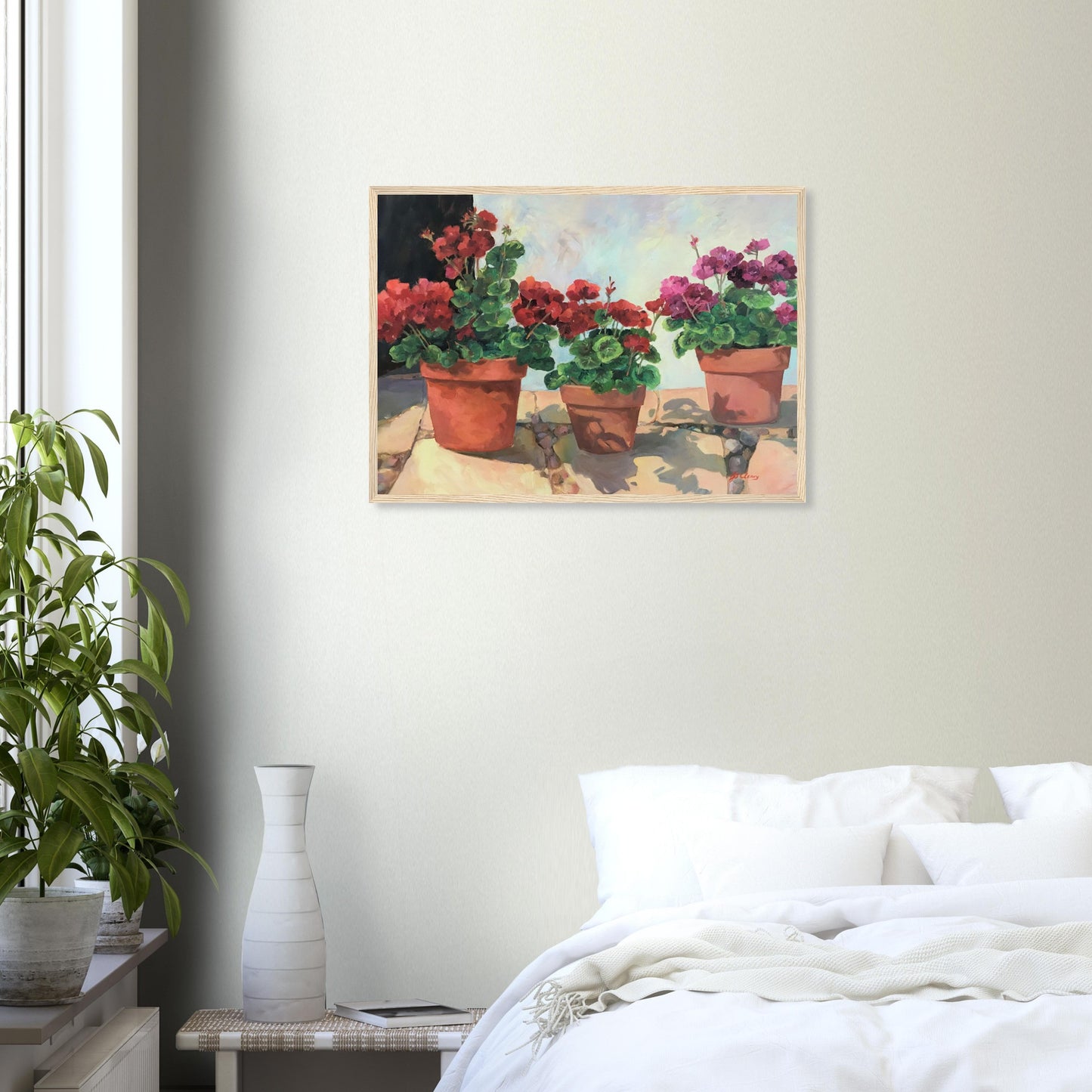 'Potted Red Geraniums Series 1' Red and Pink Floral | 20x28 inch Wooden Framed Art Print | Original Artwork by American Artist Barbara Cleary