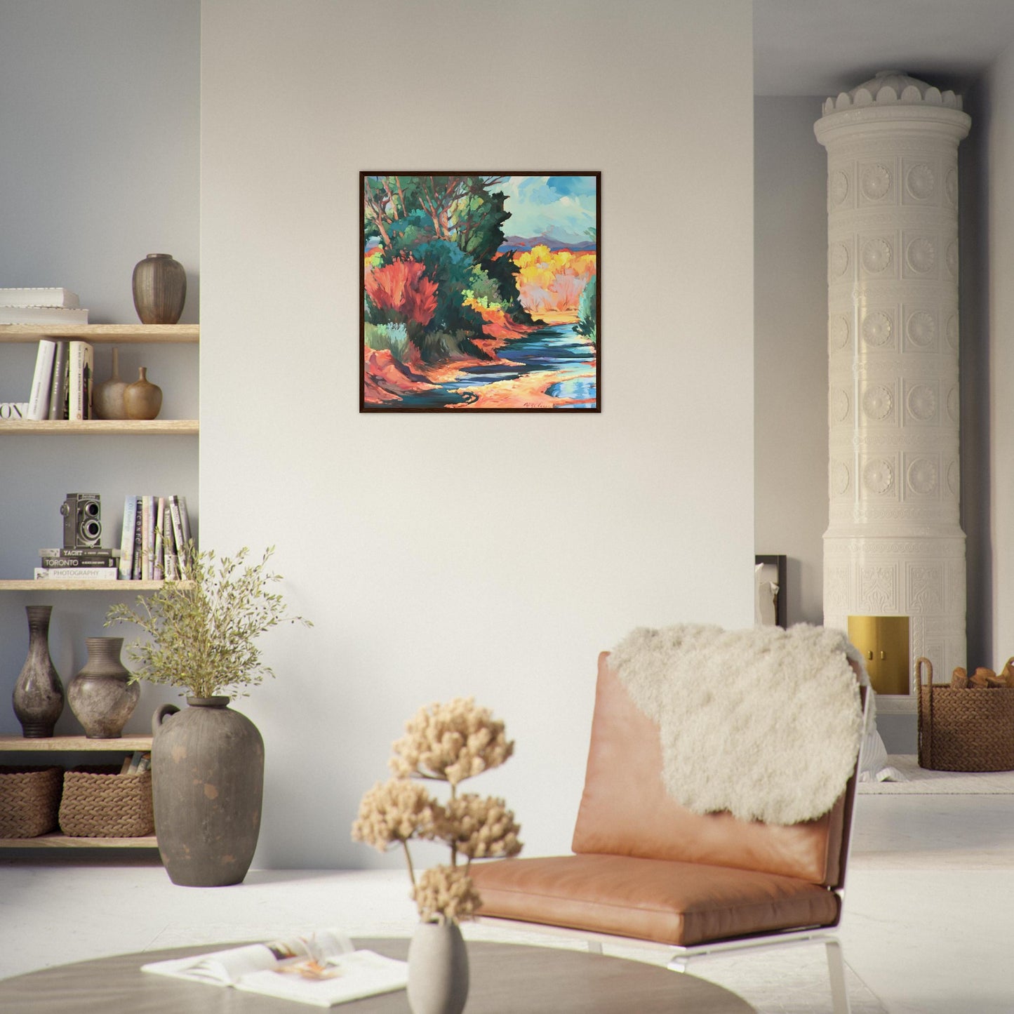 ‘Rio Pueblo’ Landscape | 28x28 Wooden Framed Art Print | Original Artwork by American Artist Barbara Cleary