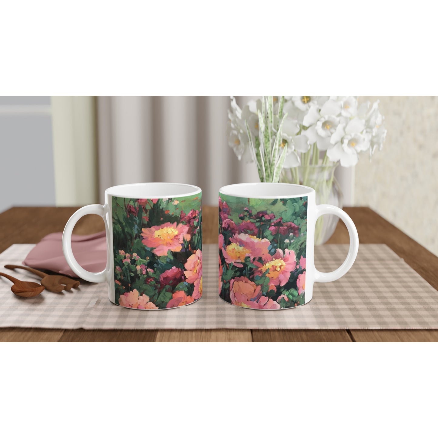 11oz White Ceramic Mug | Coffee Cup with 'Pink Princess' Floral Artwork by American Artist Barbara Cleary