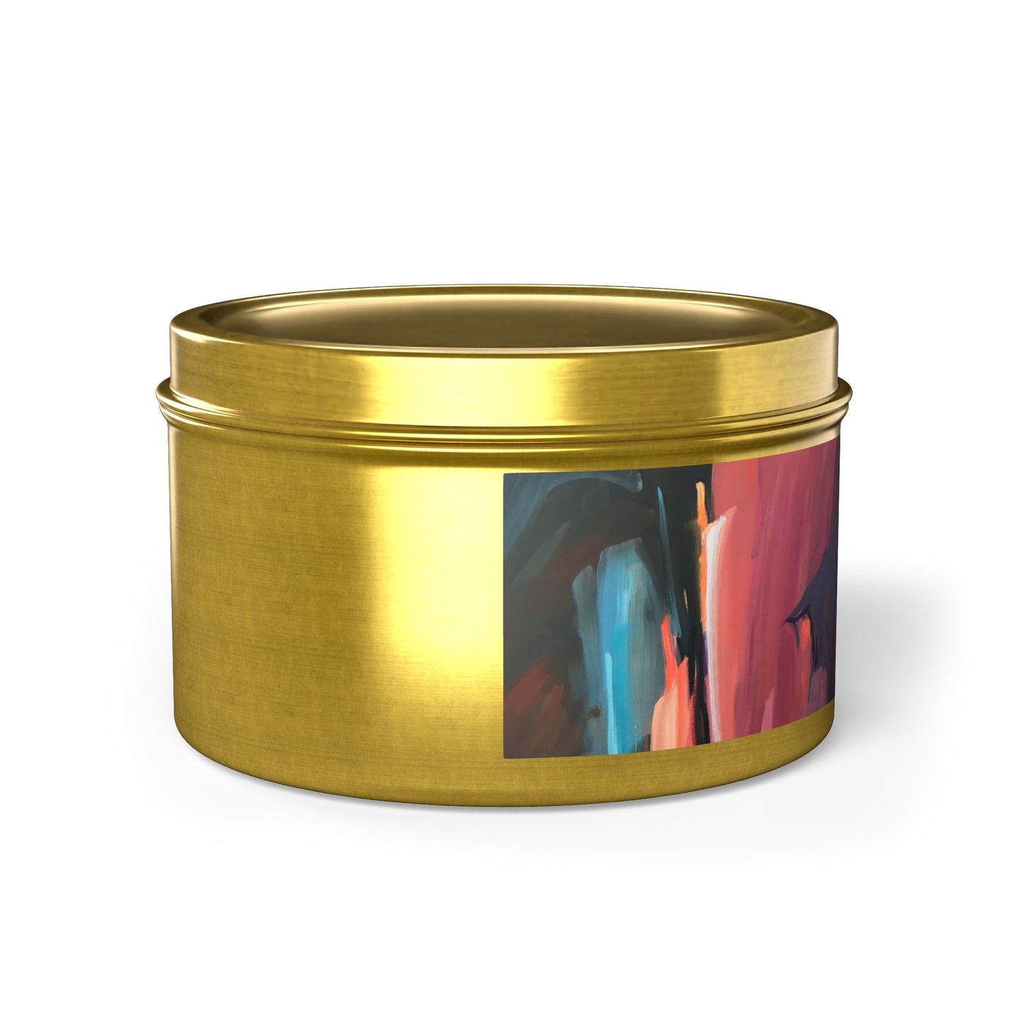 8oz Eco-Friendly Scented or Unscented Soy Wax Tin Candle with 'Colorscape' Abstract Artwork by American Artist Barbara Cleary