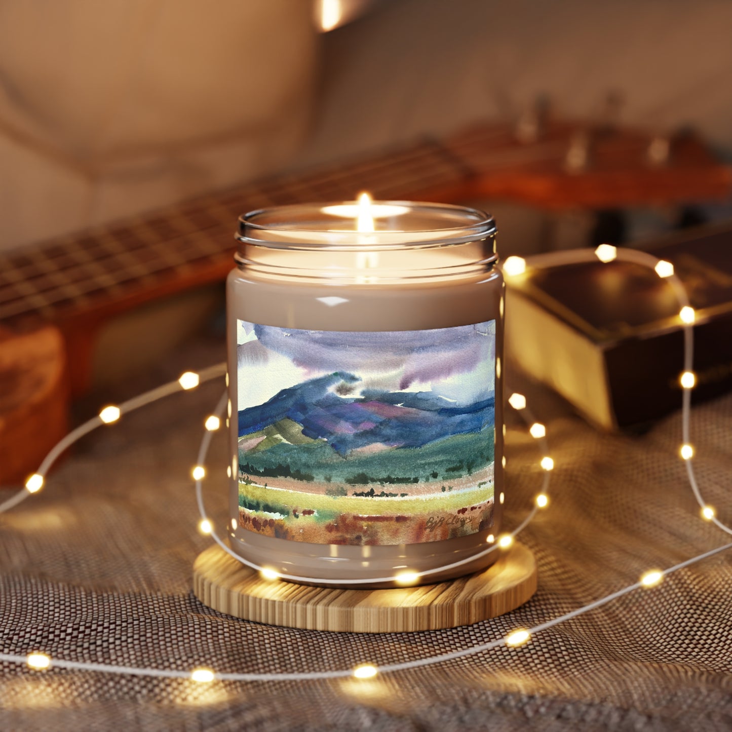 9oz Eco-Friendly Scented or Unscented Soy Wax Candle Jar with 'Tranquil Mountain View 2' Artwork by American Artist Barbara Cleary