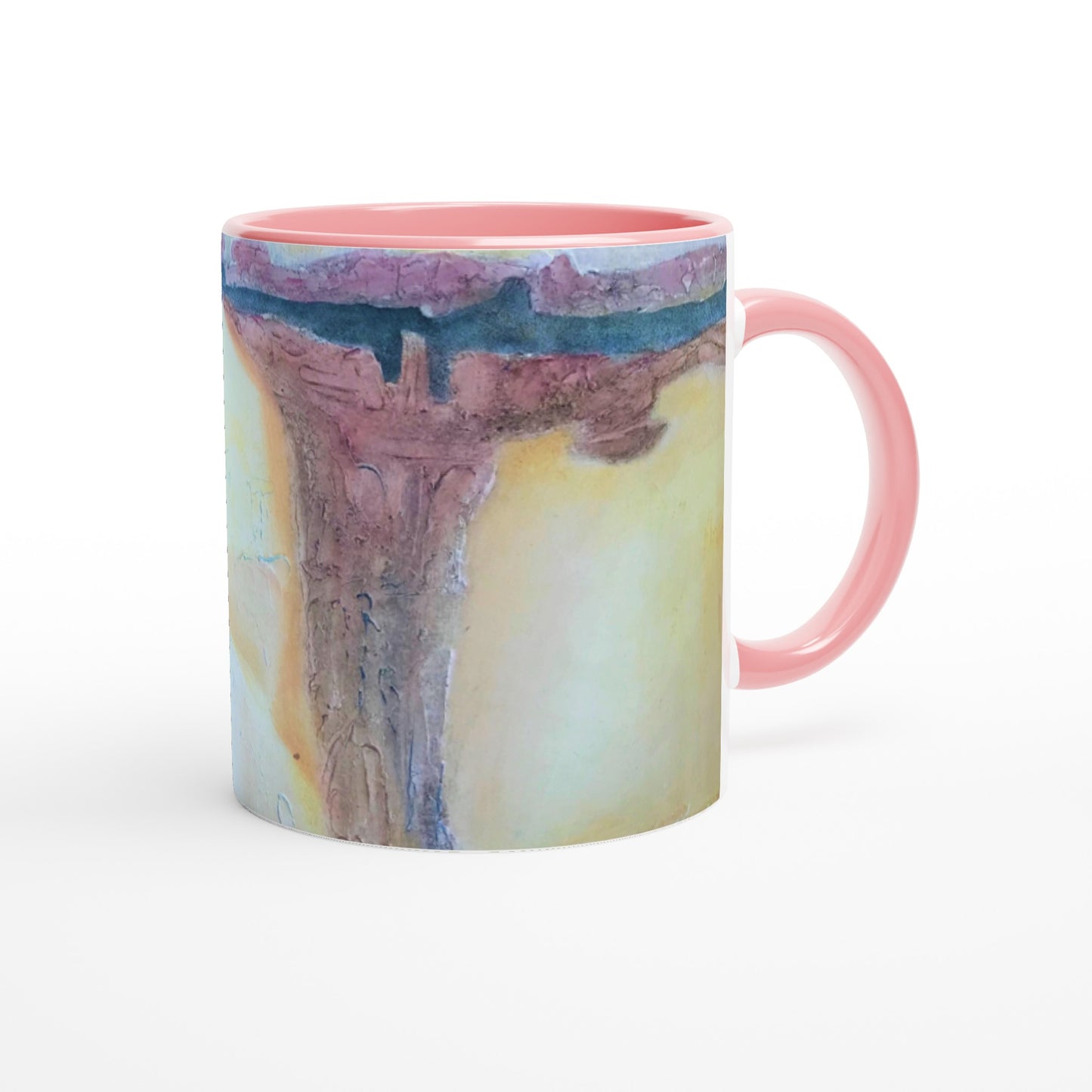 11oz White Ceramic Mug with Color Inside | Coffee Cup with 'Southwest Mixed Media' Abstract Artwork by American Artist Barbara Cleary