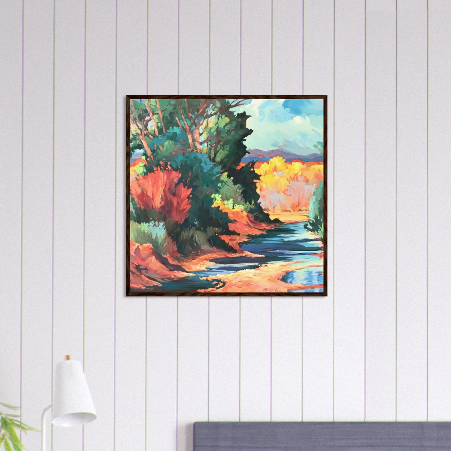 ‘Rio Pueblo’ Landscape | 28x28 Wooden Framed Art Print | Original Artwork by American Artist Barbara Cleary