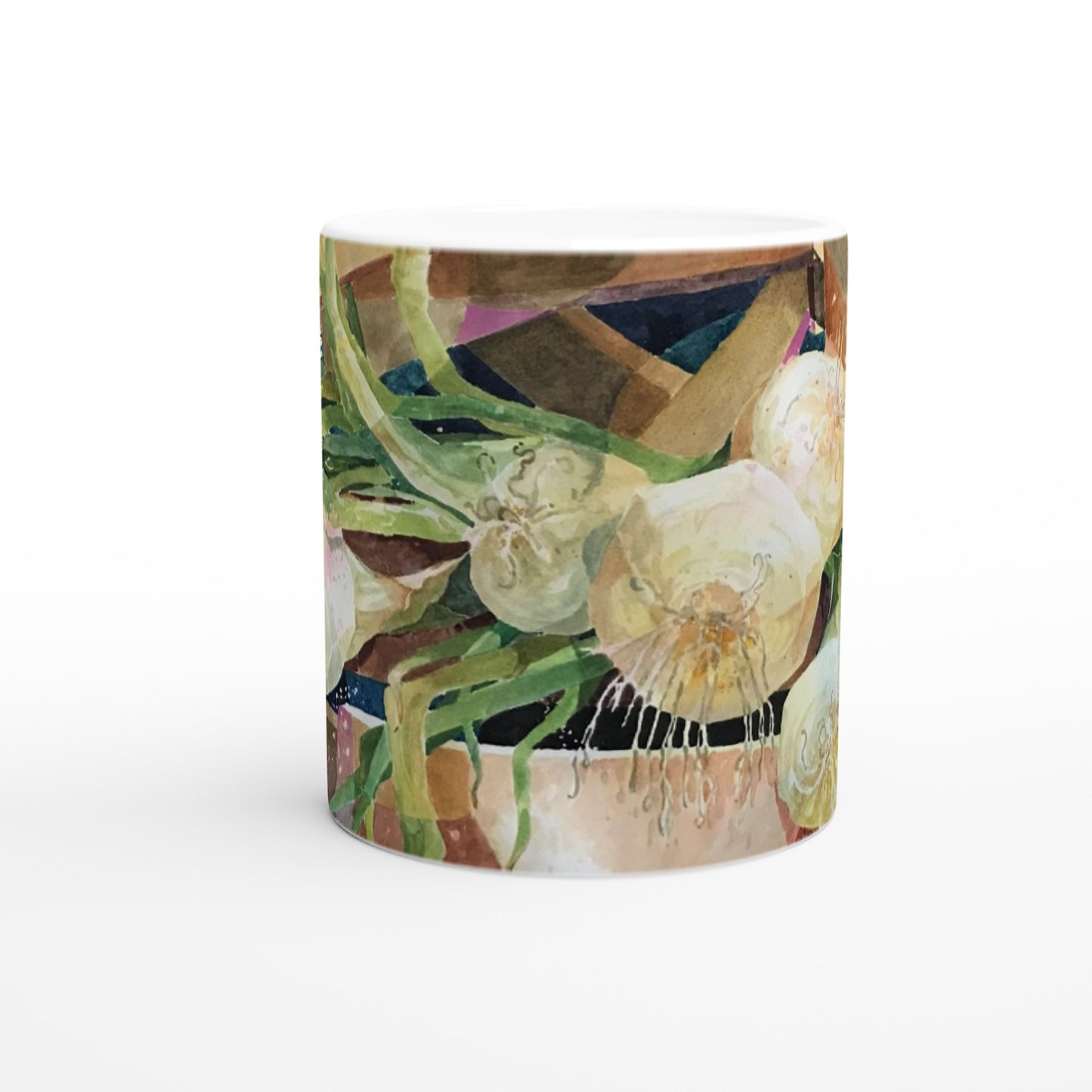 11oz White Ceramic Mug | Coffee Cup with 'Onions' Watercolor Artwork by American Artist Barbara Cleary