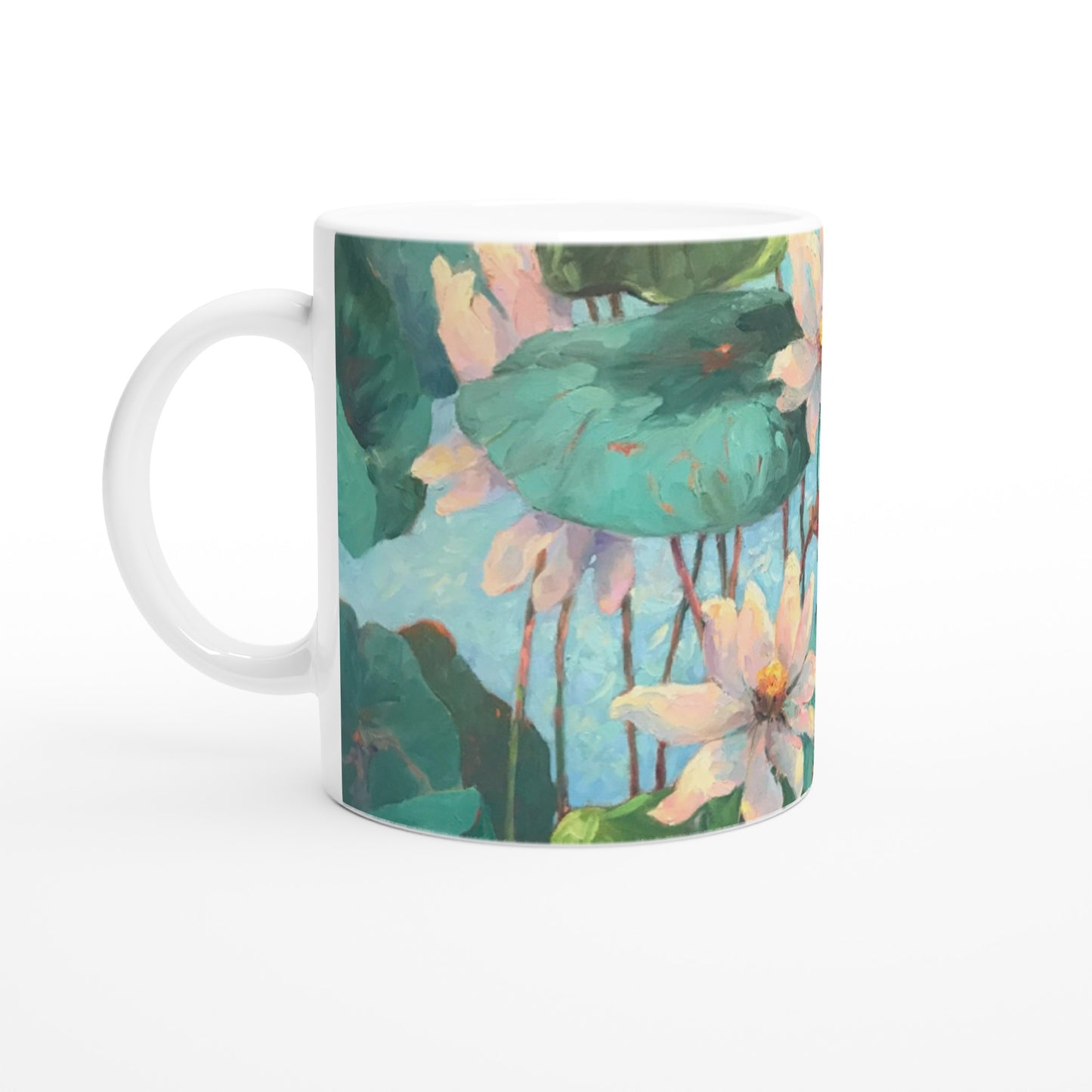 11oz White Ceramic Mug | Coffee Cup with 'Lily Pads' Floral Artwork by American Artist Barbara Cleary