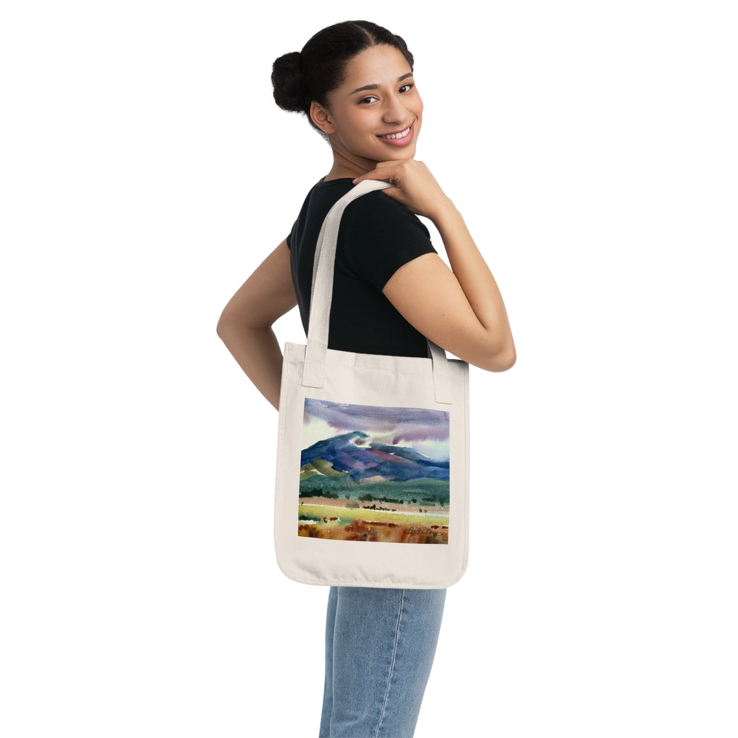 Organic Tote Bag with 'Tranquil Mountain View 2' I Original Artwork by American Artist Barbara Cleary