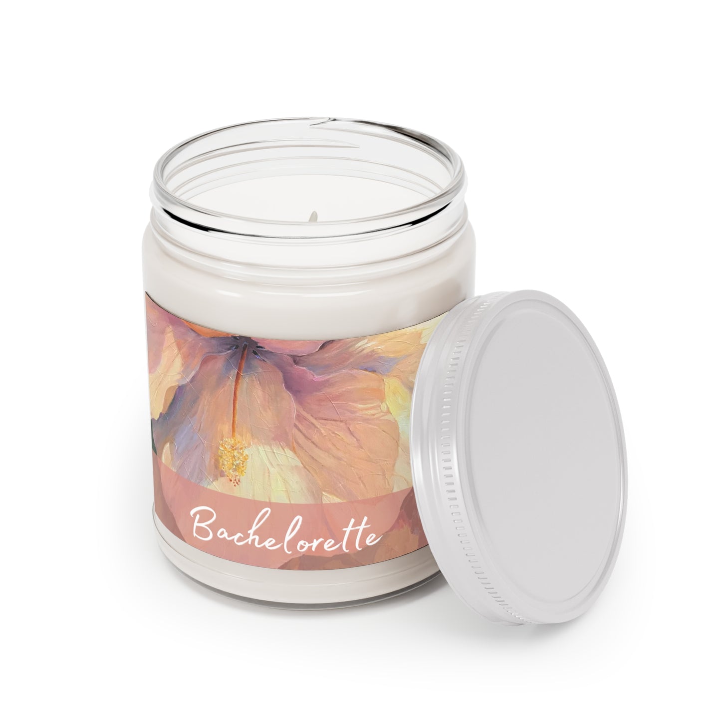 'Bachelorette' 9oz Eco-Friendly Soy Wax Candle Jar I Bridal Collection with 'Hibiscus' Artwork by American Artist Barbara Cleary