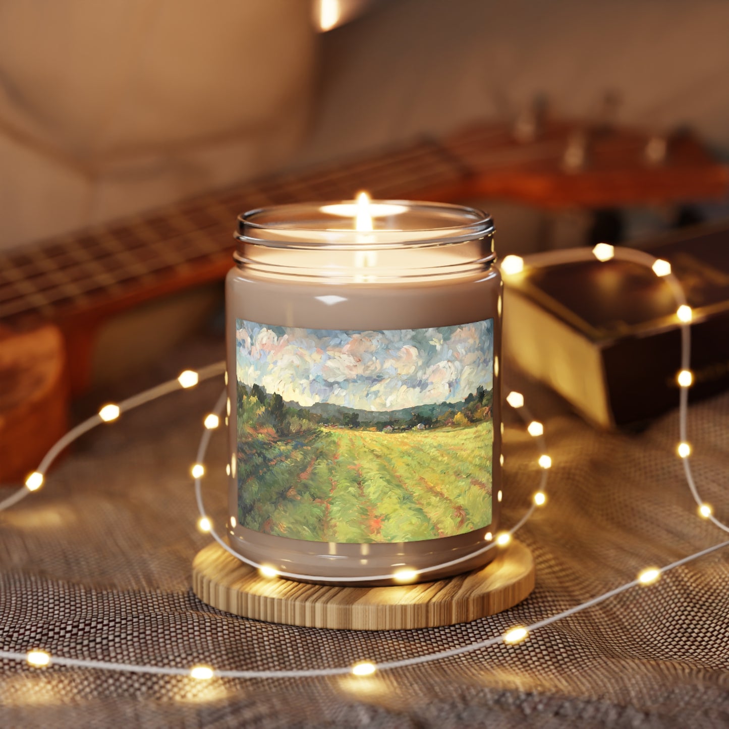 9oz Eco-Friendly Scented or Unscented Soy Wax Candle Jar with 'Before the Harvest' Landscape Artwork by American Artist Barbara Cleary