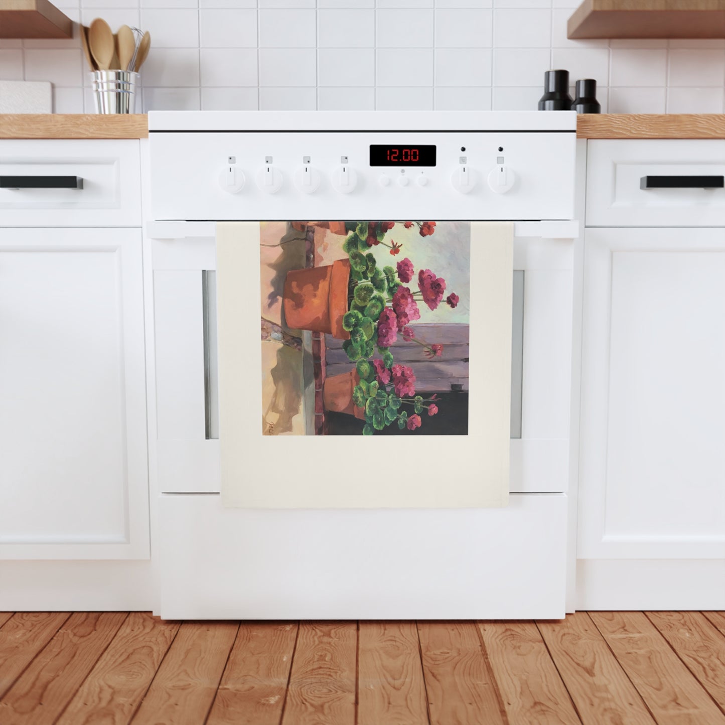 'Potted Red Geraniums' Floral Cotton Tea Towel I Original Artwork by American Artist Barbara Cleary | Barbara Cleary Designs