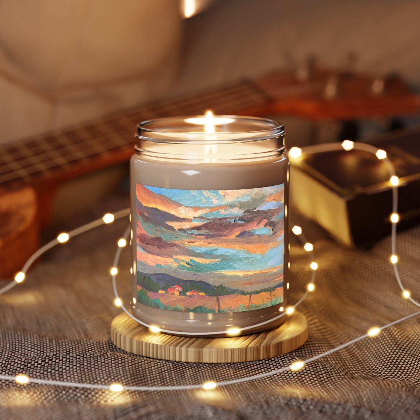9oz Eco-Friendly Scented or Unscented Soy Wax Candle Jar with 'Fall Sky' Artwork by American Artist Barbara Cleary (Fall Collection)