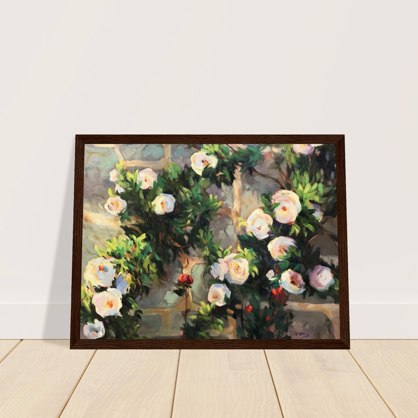 ‘Vining White Roses’ Floral | 12x16 inch Wooden Framed Art Print | Original Artwork by American Artist Barbara Cleary