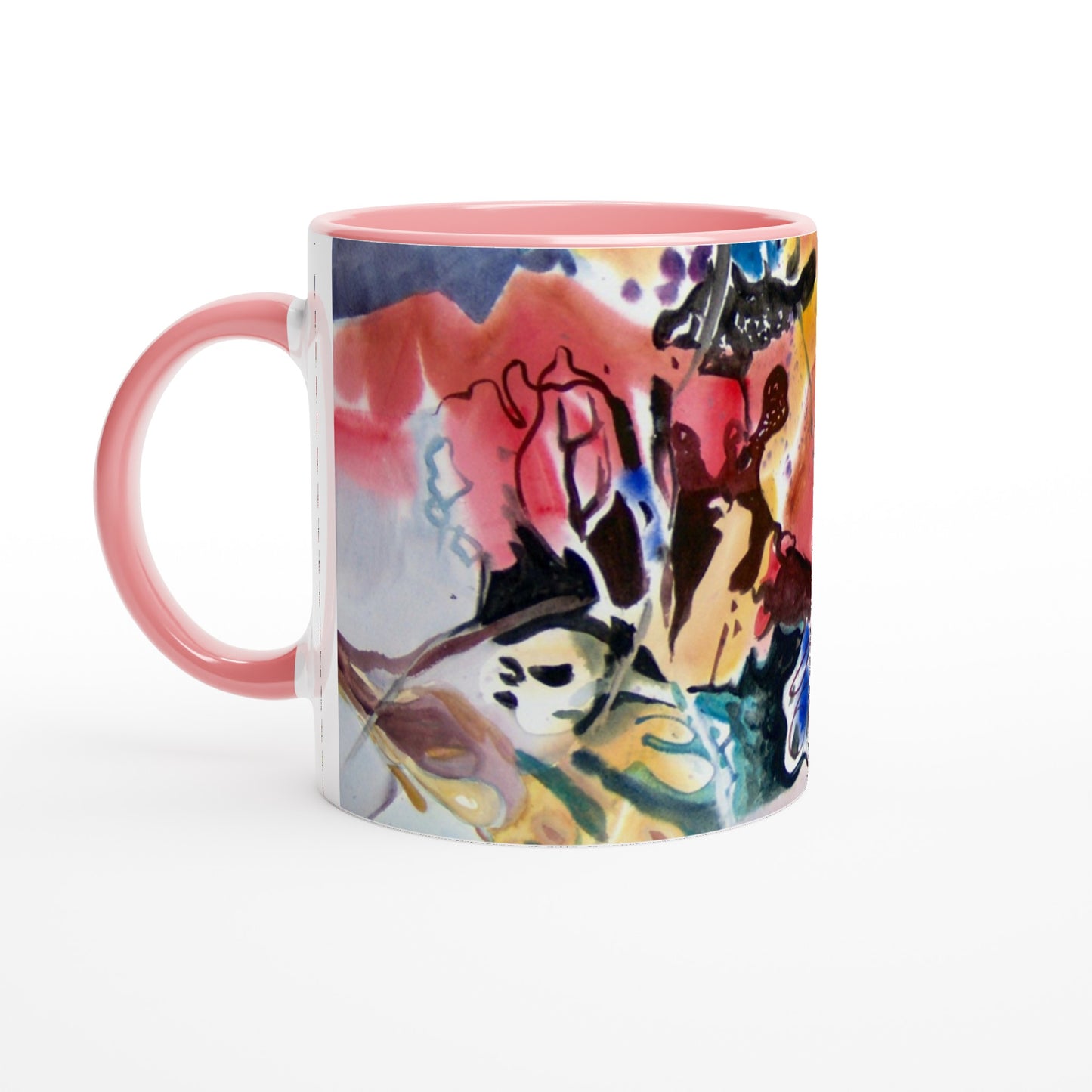 11oz White Ceramic Mug with Color Inside | Coffee Cup with 'Floral Fantasy' Abstract Artwork by American Artist Barbara Cleary