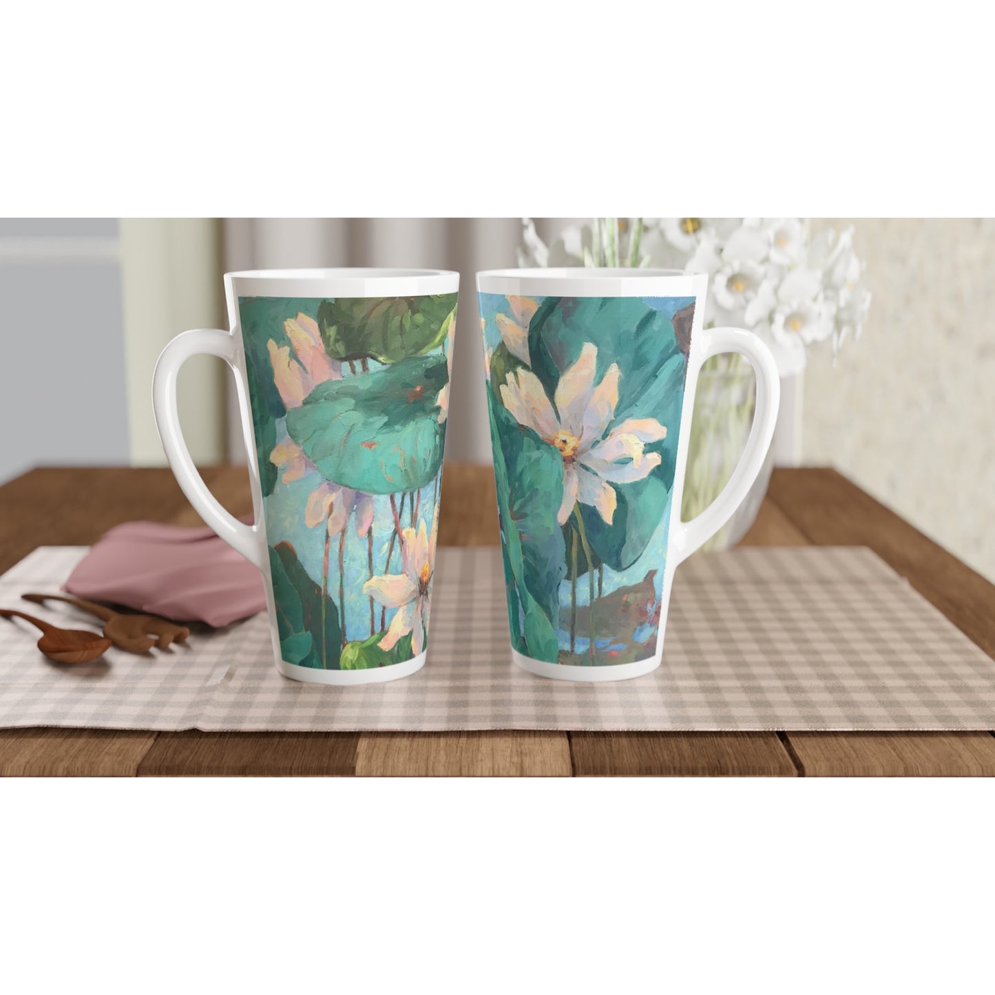 17oz White Ceramic Latte Mug | Coffee Cup with 'Lily Pads' Floral Artwork by American Artist Barbara Cleary