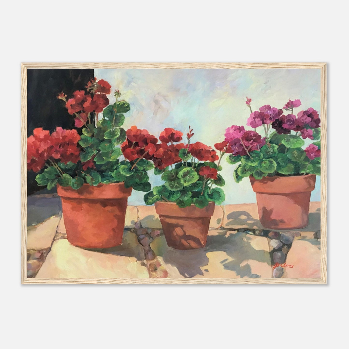 'Potted Red Geraniums Series 1' Red and Pink Floral | 20x28 inch Wooden Framed Art Print | Original Artwork by American Artist Barbara Cleary