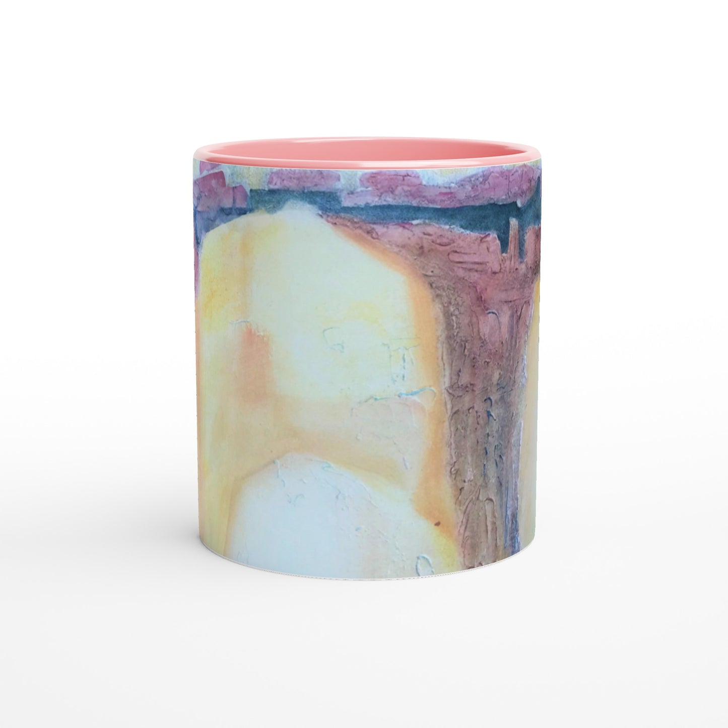 11oz White Ceramic Mug with Color Inside | Coffee Cup with 'Southwest Mixed Media' Abstract Artwork by American Artist Barbara Cleary