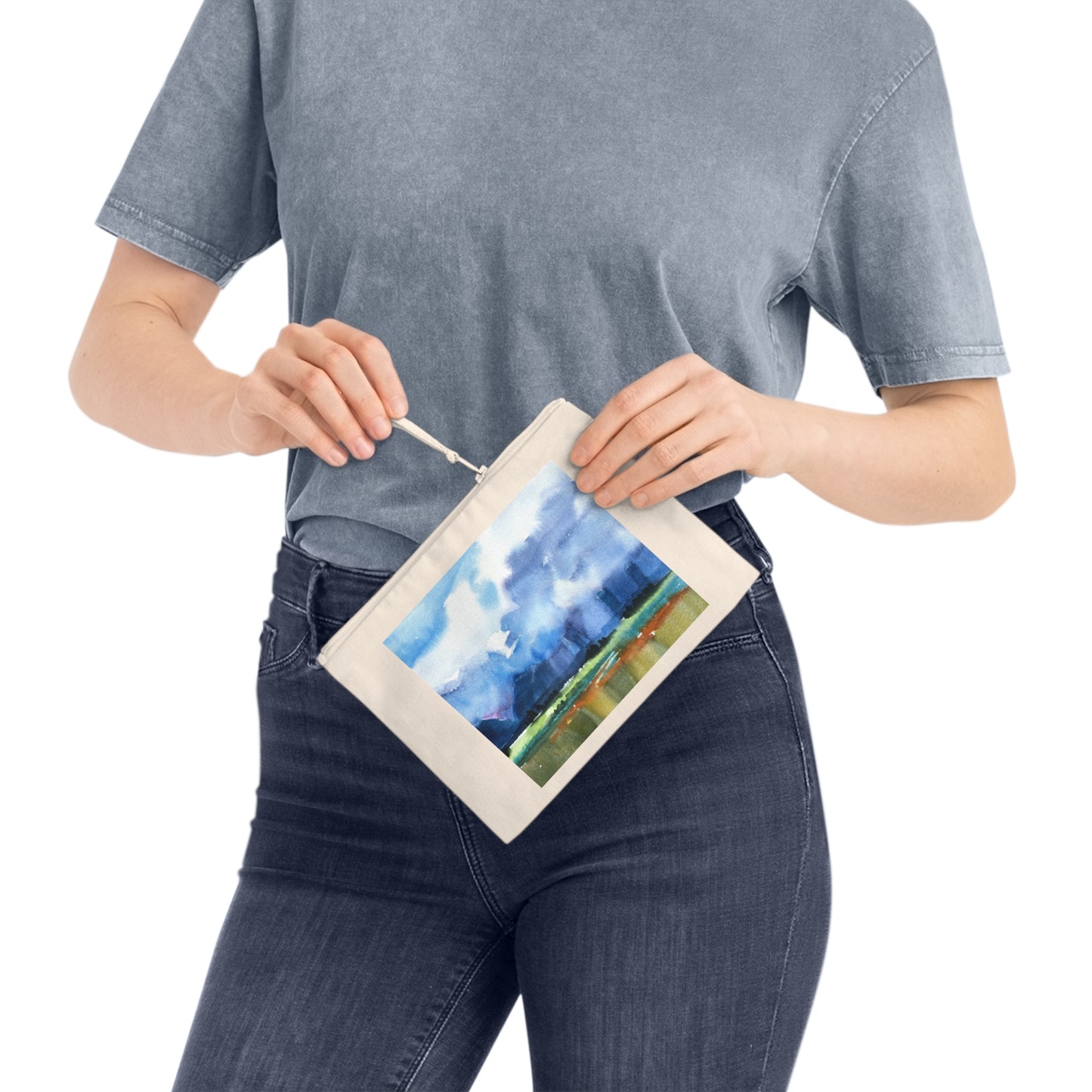 Eco-Friendly Pouch with 'Tranquil Mountain View 4' I Original Artwork by American Artist Barbara Cleary