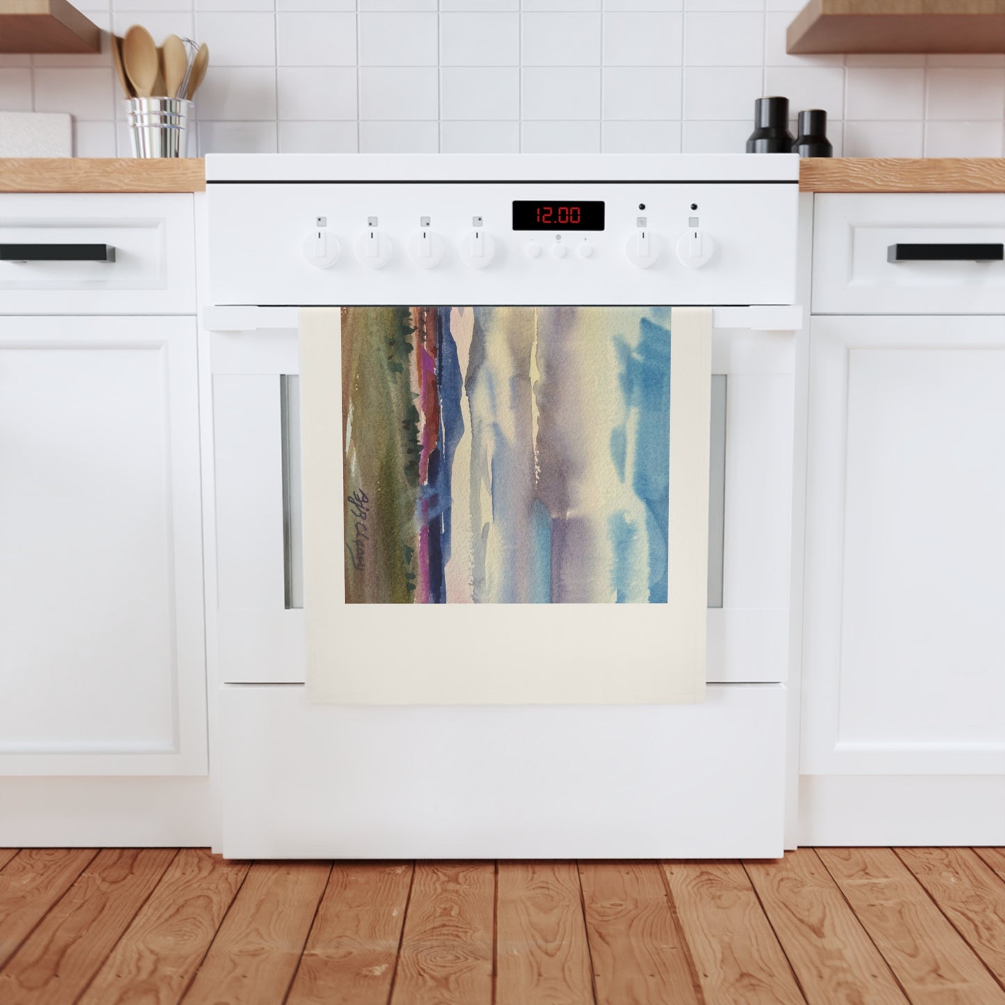 'Tranquil Mountain View 1' Cotton Tea Towel I Original Artwork by American Artist Barbara Cleary