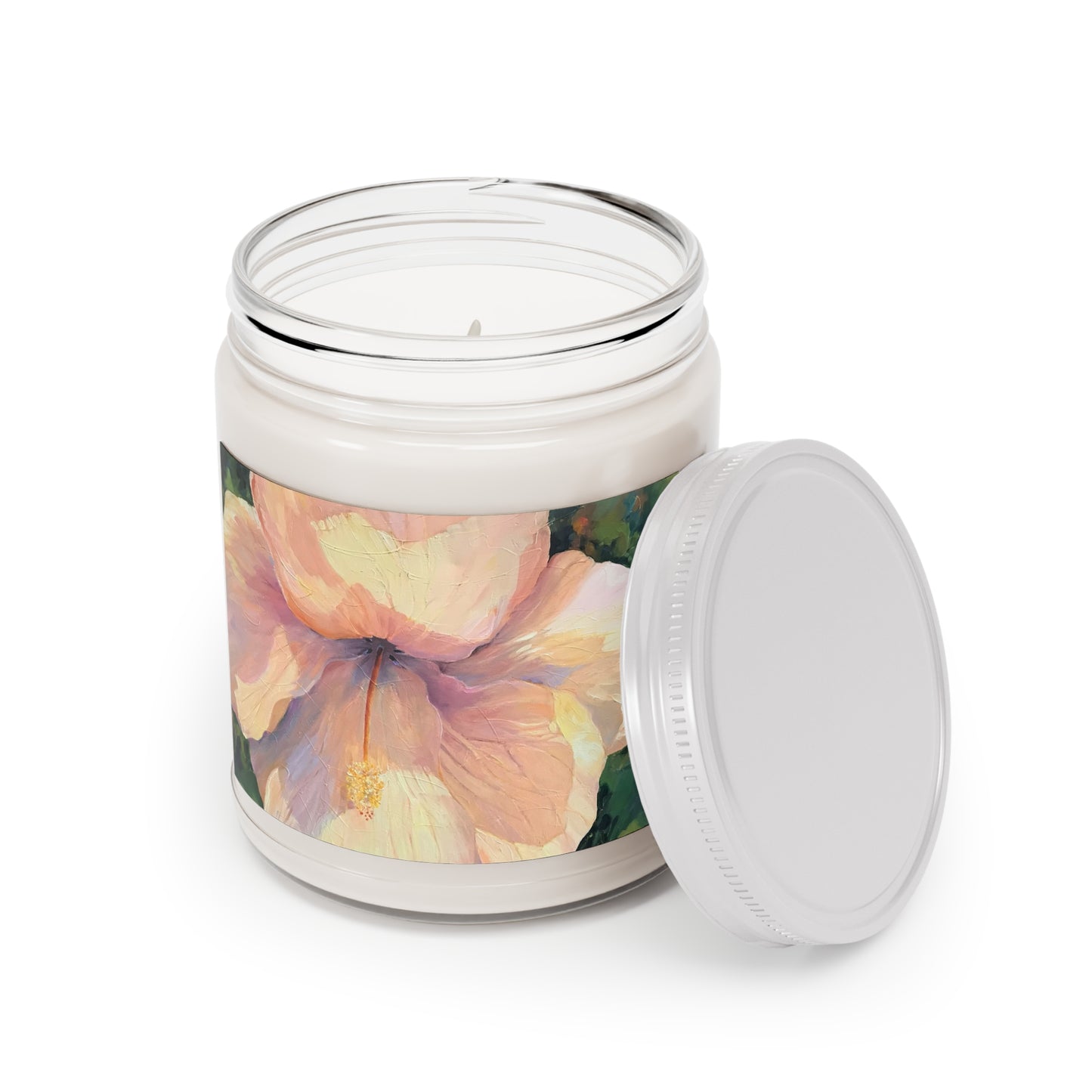9oz Eco-Friendly Scented or Unscented Soy Wax Candle Jar with 'Hibiscus' Floral Artwork by American Artist Barbara Cleary