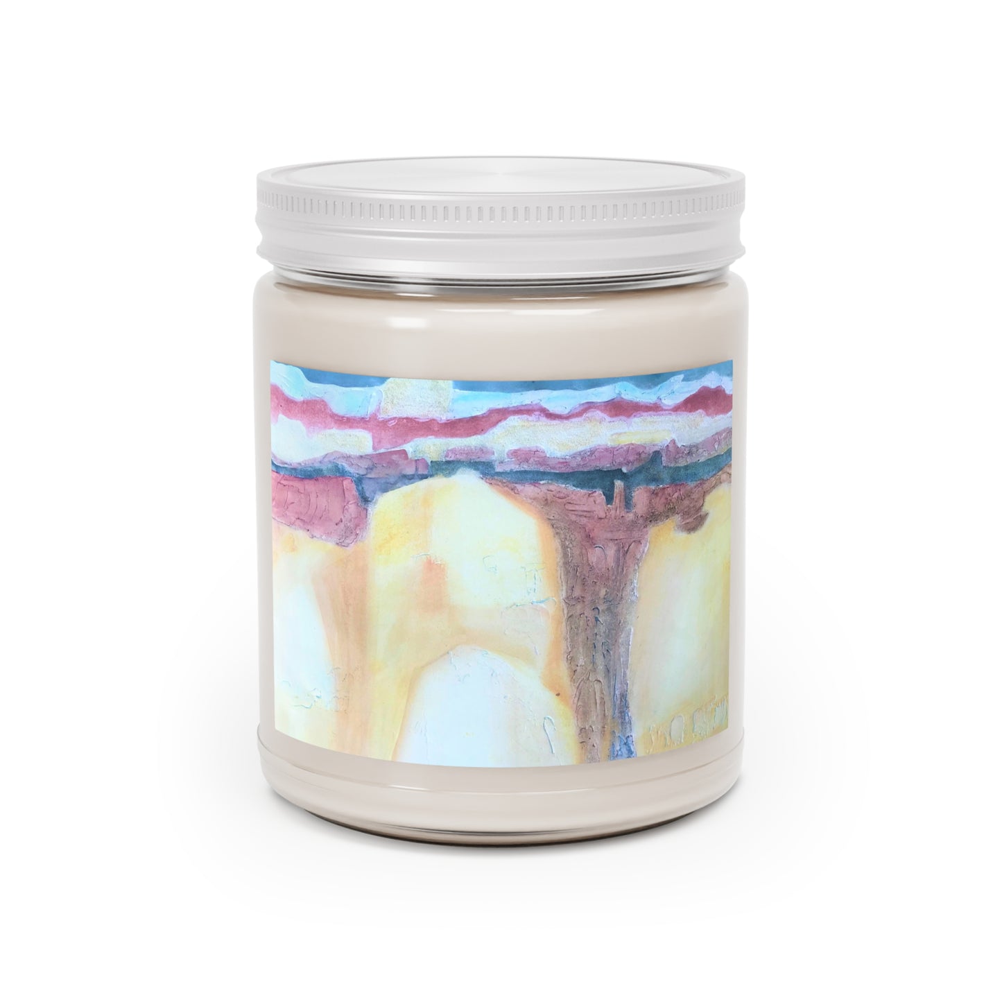9oz Eco-Friendly Scented or Unscented Soy Wax Candle Jar with 'Southwest Mixed Media' Abstract Artwork by American Artist Barbara Cleary