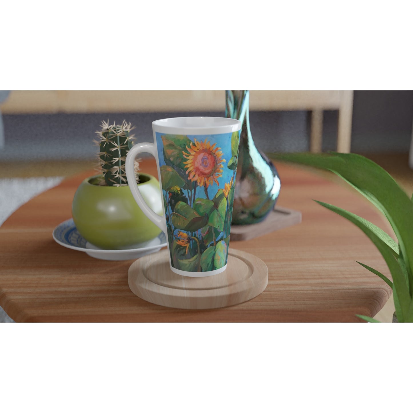 17oz White Ceramic Latte Mug | Coffee Cup with 'Southwinds 2 Sunflowers' Floral Artwork by American Artist Barbara Cleary